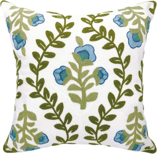 Alysheer Floral Embroidered Summer Decorative Throw Pillow Cover 18"x 18", Farmhouse Cottage Blue Flowers Green Leaves Knit Pattern Cotton Canvas Cushion Case for Sofa Couch Bed Living Room Decor