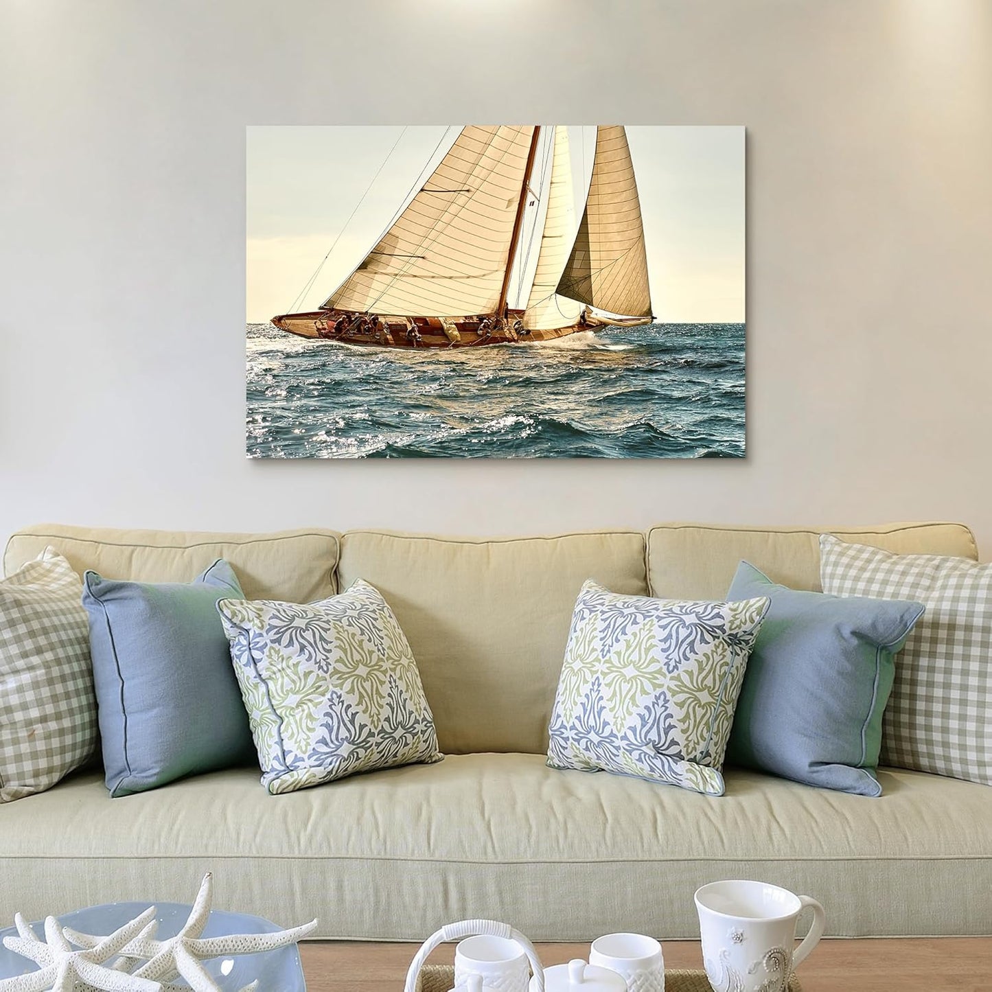 ARTISTIC PATH Coastal Nautical Canvas Wall Art - Ocean Sailboat Artwork Seascape Sailing Prints Wave Boat Picture Sunset Marine Painting for Living Room