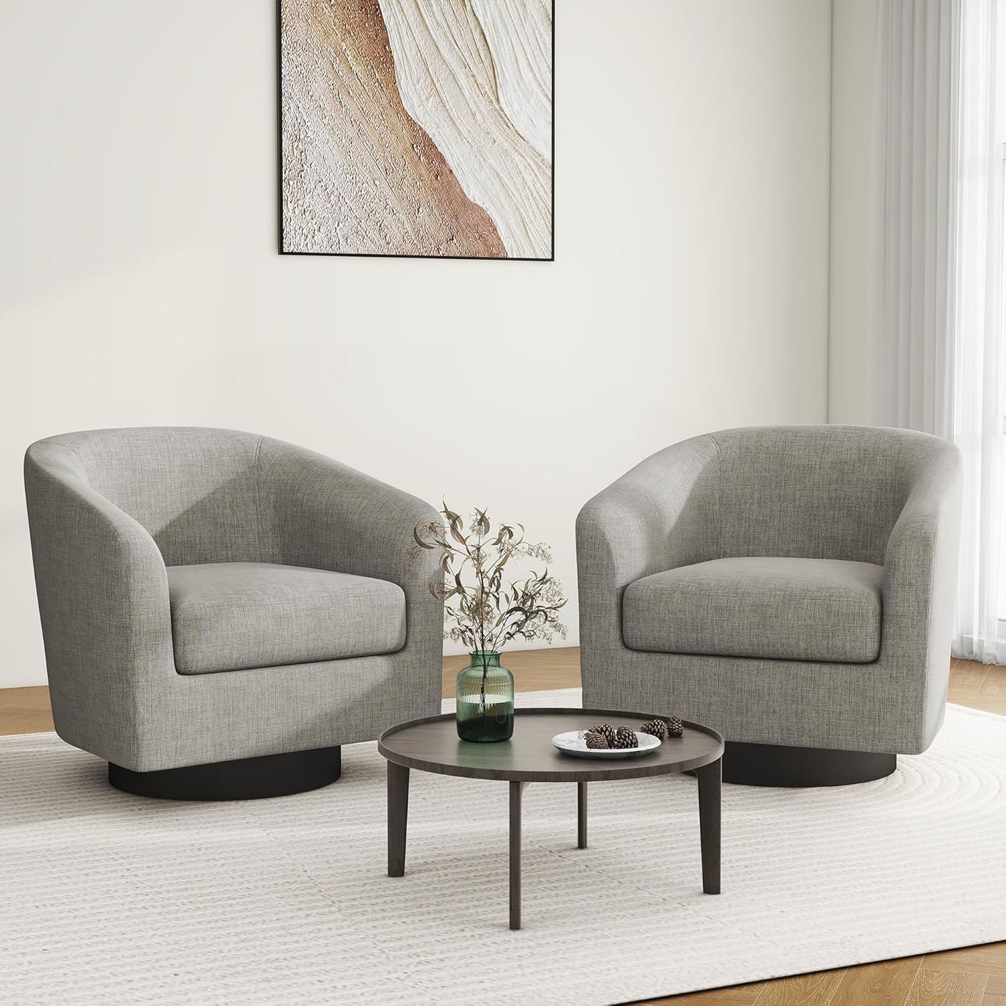 Swivel Barrel Accent Chair Set of 2, Modern Round Linen Arm Chair for Living Room, Bedroom, Comfy Club Reading Chairs for Adults, Linen Fabric-Khaki, 2 SEAT