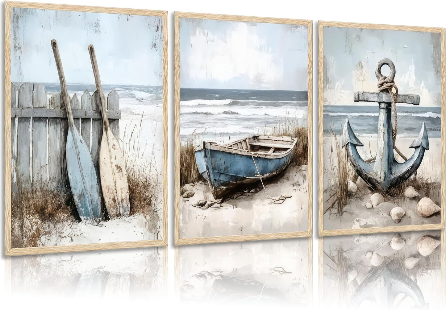 3Pcs Nautical Beach Wall Art Sailboat Paddle and Anchor Paintings Pictures Wall Decor Nautical Coastal Posters Prints Artwork for Living Room Bedroom Home Office Corridor Home Decroation Unframed