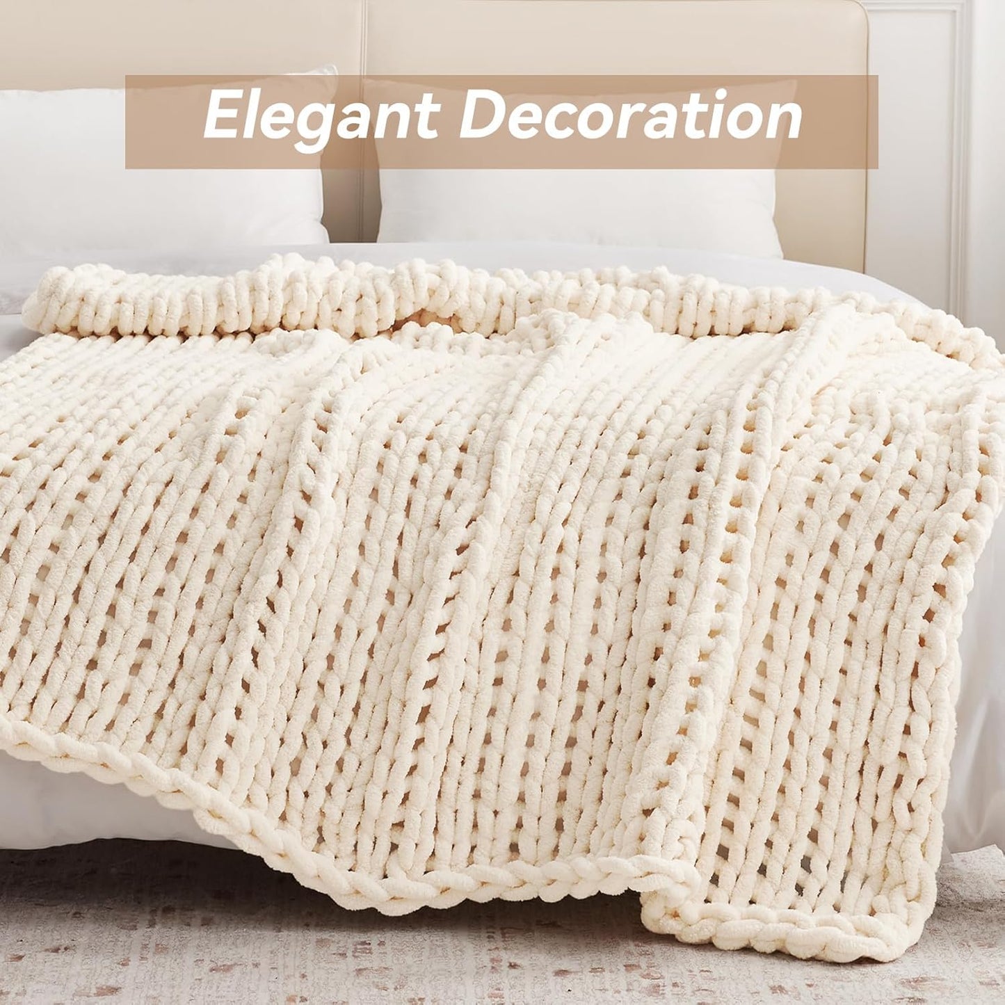 Chunky Knit Throw Blanket, 80''*90'' Knitted Throw Chenille Yarn for Bed Couch, Handmade Cream Crochet Big Thick Blanket, Machine Washable Cute Comfy Blanket for Home Decor