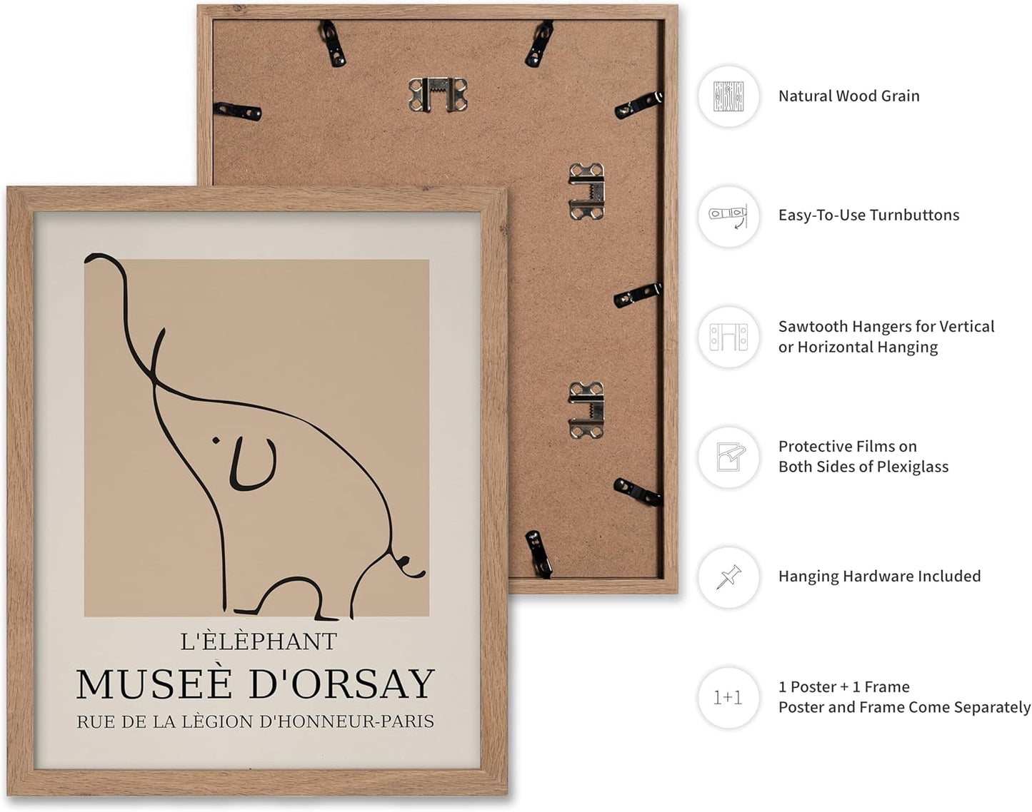 Poster Master Vintage Poster - Retro Minimalist Print - Gift for Artist, Housewarming - Elephant, Line Drawing, Sketch, Abstract - Wall Decor for Living Room, Bedroom, 11x14 Beige Framed