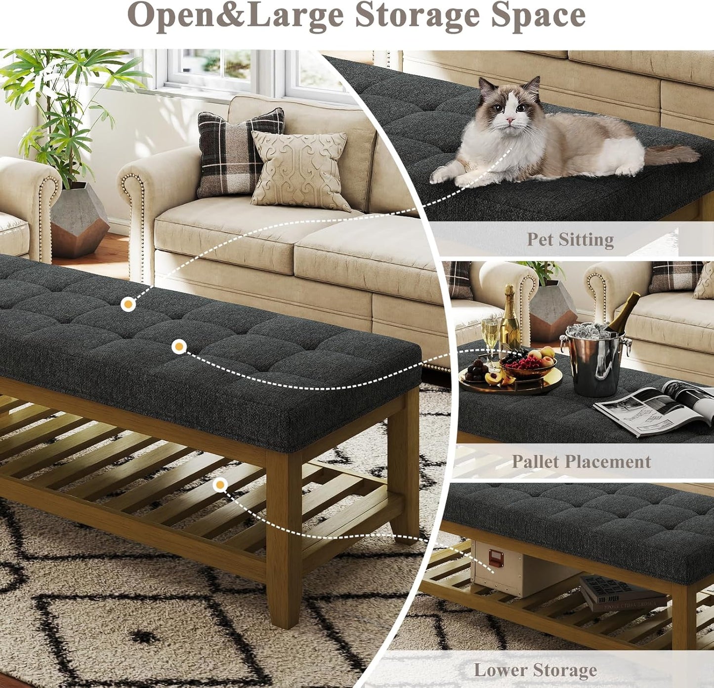 Large Rectangular Upholstered Ottoman Bench, Linen Tufted Footrest Ottoman with Solid Wood Shelf Storage Coffee Table for Bedroom Living Room, Dark Gary