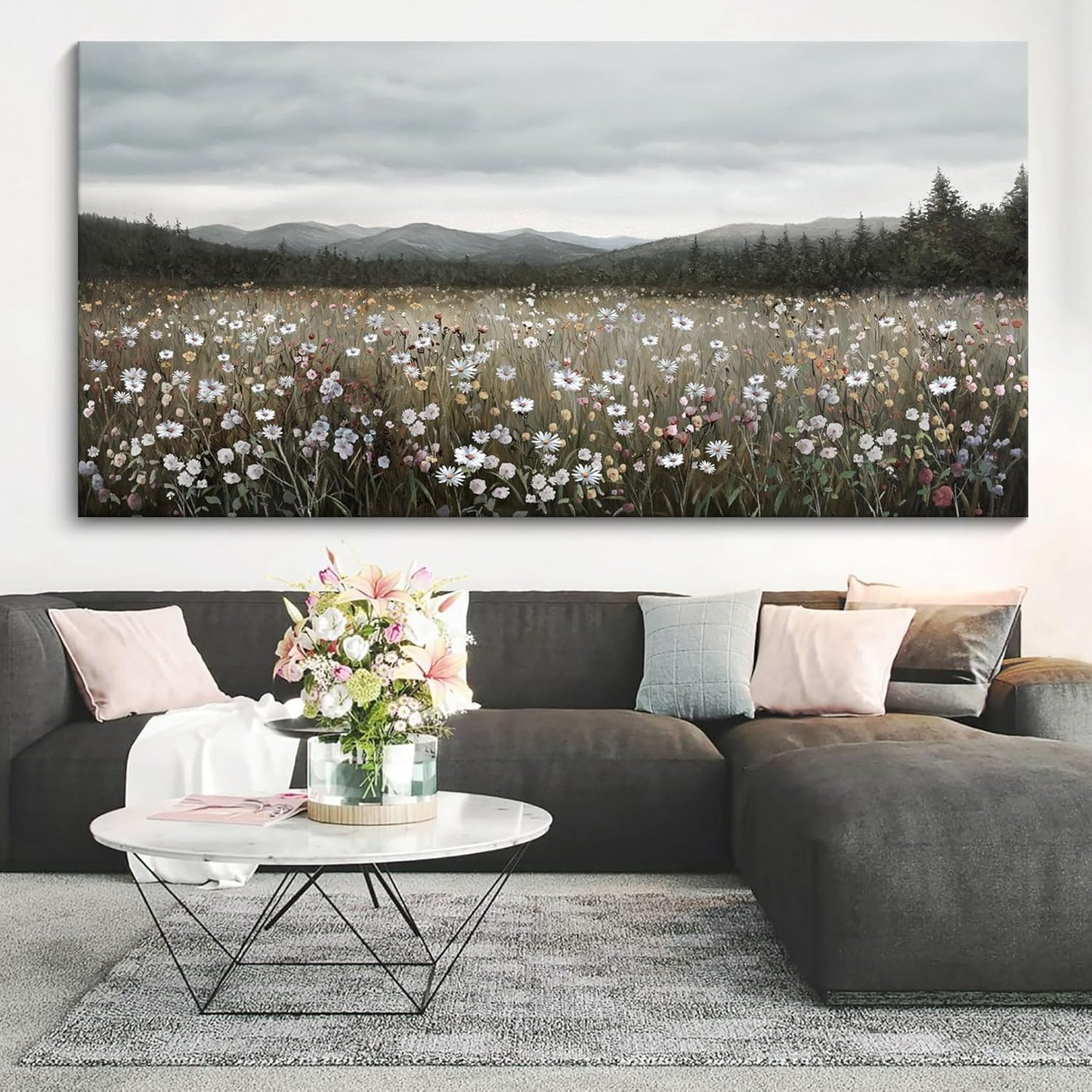 HGUAOA Vintage Landscape Wall Art for Bedroom and Living Room - Large Floral Artworks Farmhouse Wall Decor - Framed Neutral Nature Pictures - Above Bed Wall Decor with Mountain Scenery 29×58IN