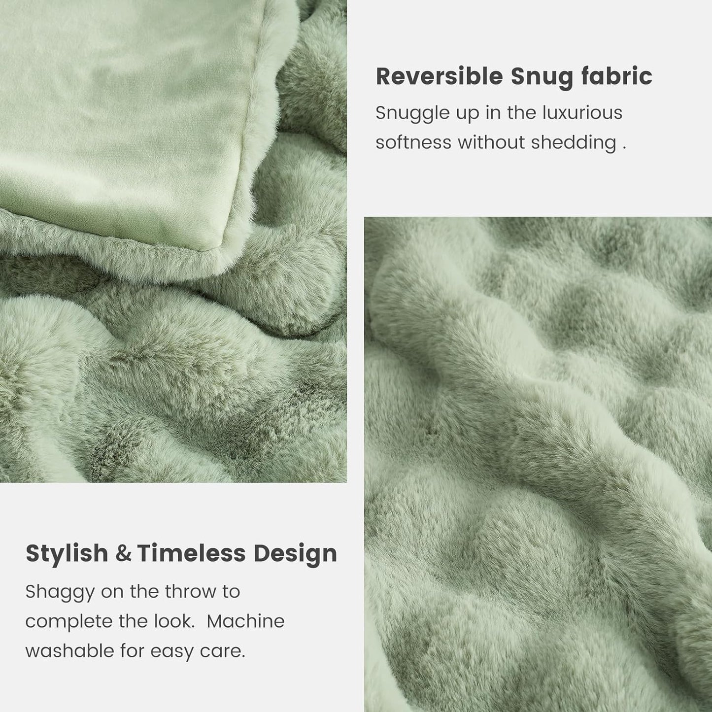 Cozy Bliss Faux Fur Throw Blanket for Couch, Fuzzy Soft Plush Thick Bubble Blanket for Sofa Bedroom Living Room, 60 * 80 Inches Sage Green