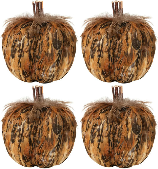 naturevibe 4.3 Inches Elegant Feathered Pumpkin Decor Set of 4 for Thanksgiving Decorations, Natural Feather Pumpkins as Fall Home Decor,Centerpieces for Tables or Autumn Harvest Gifts