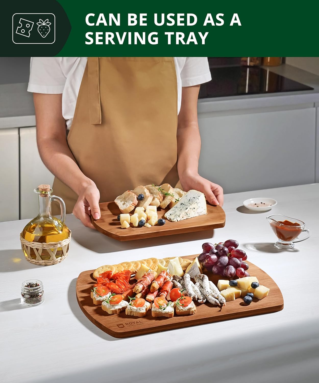 ROYAL CRAFT WOOD Cutting Boards for Kitchen - Wooden Cutting Board for Meal Prep & Serving, Non-Toxic Bamboo Chopping Board, Carbonized Bamboo Durable Charcuterie & Lightweight Serving Boards (2 pcs)