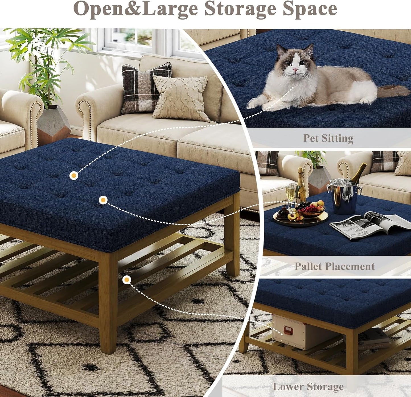 Large Square Ottoman Coffee Table, Linen Solid Upholstered Footrest Ottoman with Solid Wood Shelf Storage Tufted Coffee Table for Bedroom Living Room, Navy Blue