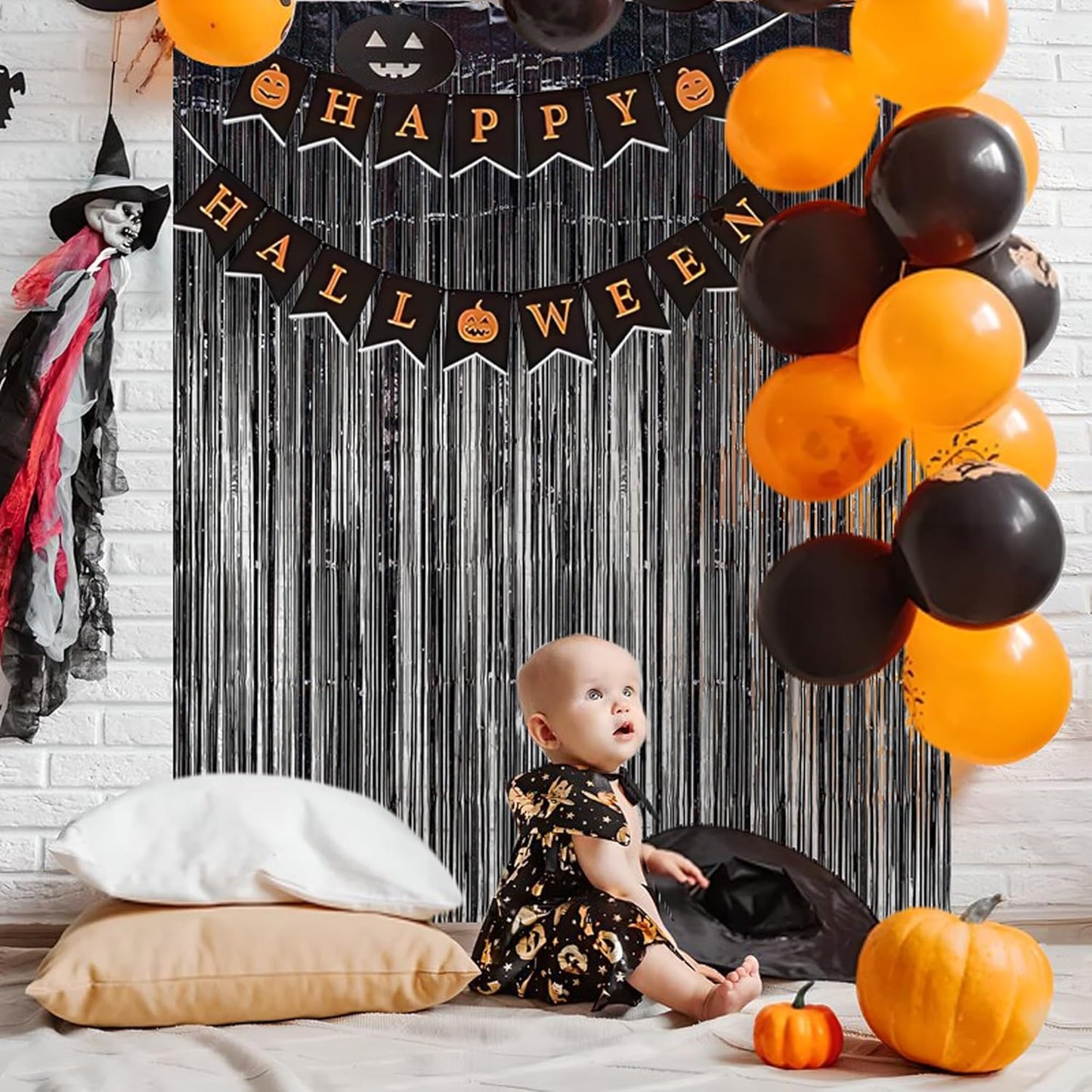 BRAVESHINE Black Halloweens Party Foil Fringe Curtains - 2 Pack Metallic Tinsel Photo Booth Streamers Backdrop for Birthdays, Stranger Theme, Music, Prom, Christmas Party Decorations