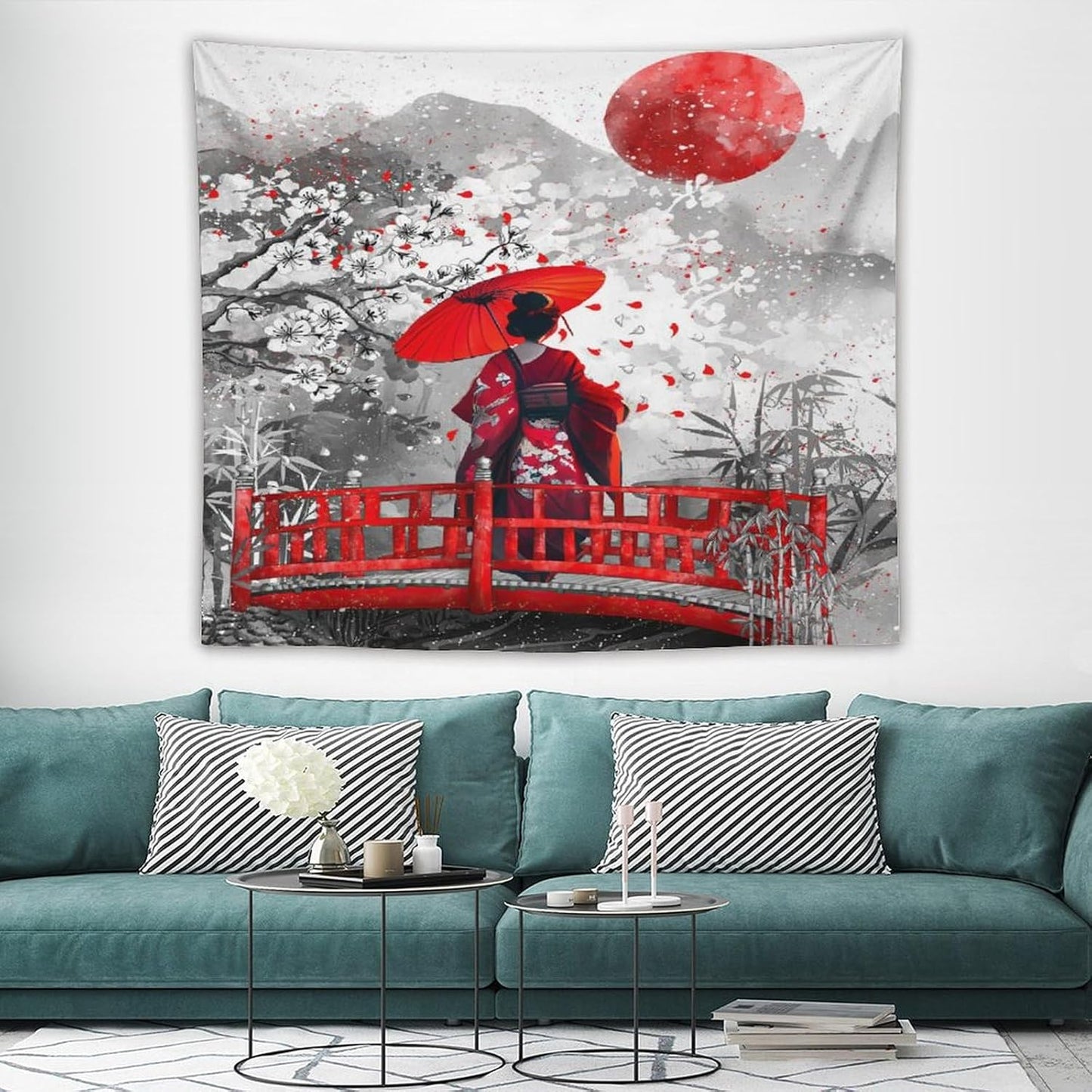 Japanese Red Geisha Tapestry Asian Cherry Blossom Red Sun Traditional Kimono Folk Tapestries Home Decor for Living Room Bedroom Apartment Farmhouse Dorm 60"x50"