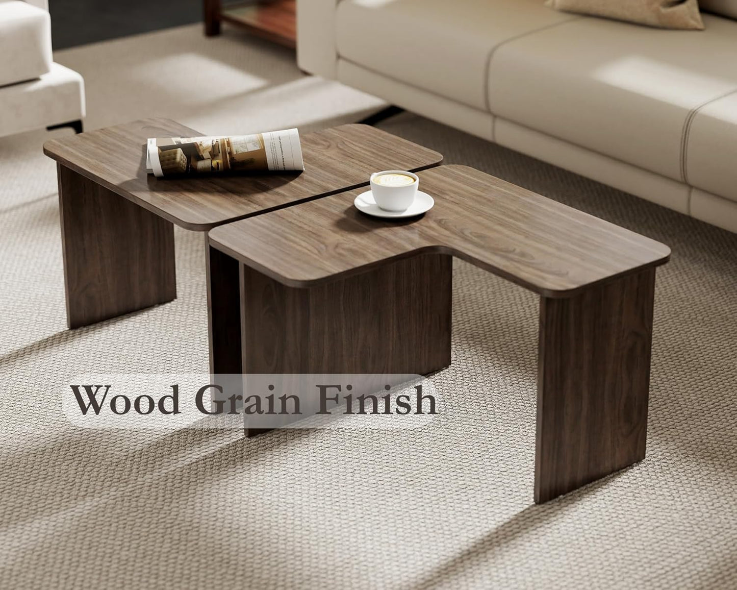 VESCASA Modern L Shaped Nesting Coffee Table Set of 2 Modular Rectangle Walnut Wood Table for Living Room