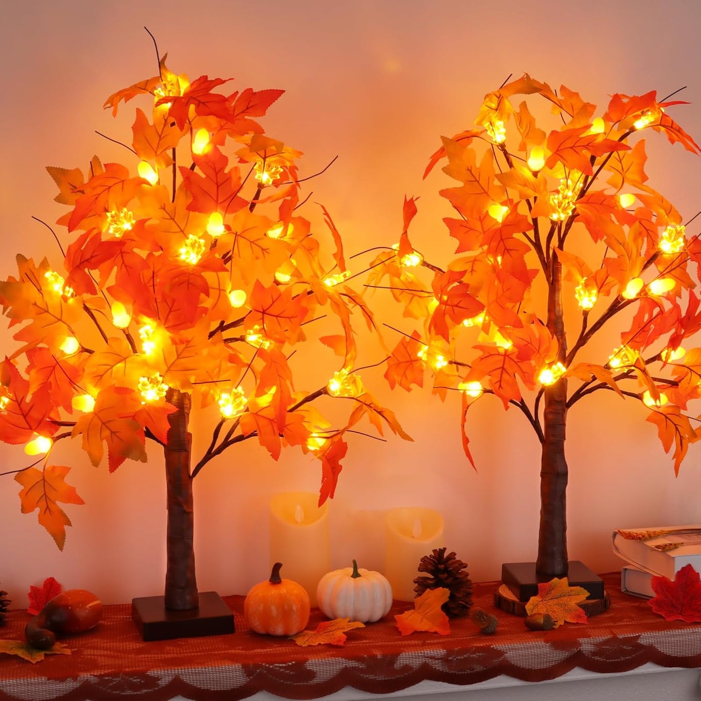 2 Pack 24 Inch Prelit Fall Maple Tree Fall Decor with 48 LEDs Timer Battery Operated Artificial Fall Light Up Tree Maple Acorn for Fall Thanksgiving Decorations Table Home Office Indoor Autumn Harvest