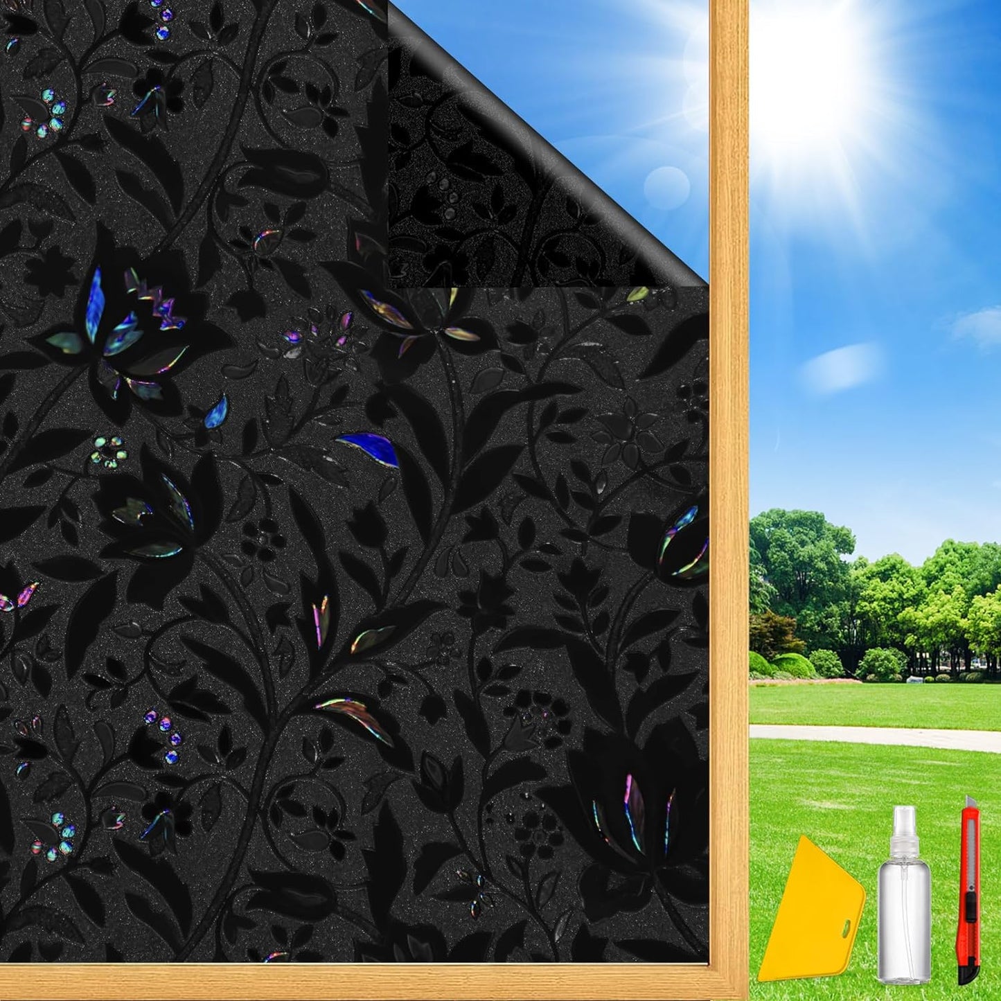 Total Blackout Window Privacy Film Decorative Static Cling with Tools, Room Darkening Window Tint for Home, Black Out Window Cover Replacement Window Curtains Window Blinds,45.2" by 78.74"
