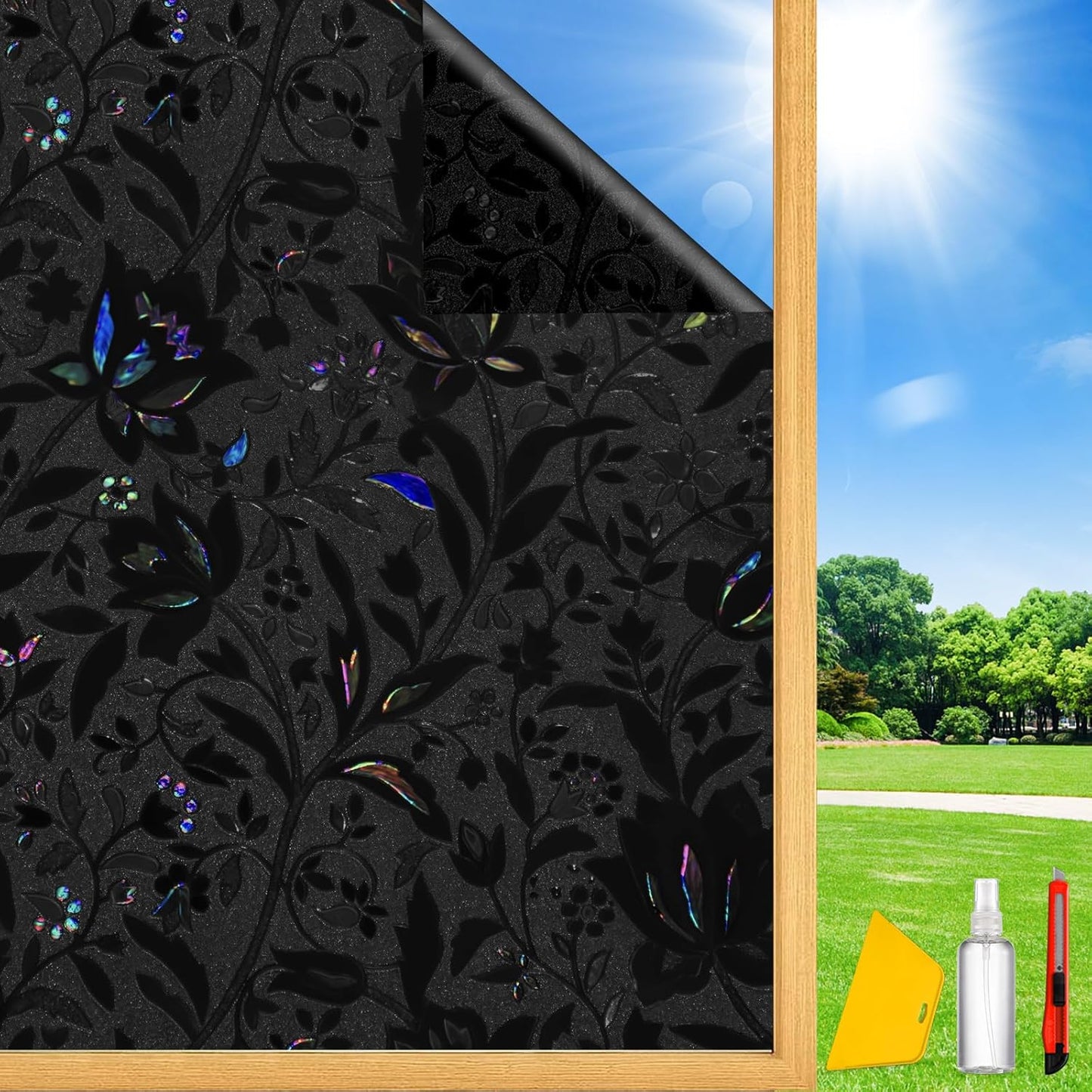 Blackout Window Privacy Film Decorative with Tulip Design, Removable Black Out Tint for Home, 17.5" by 78.74"