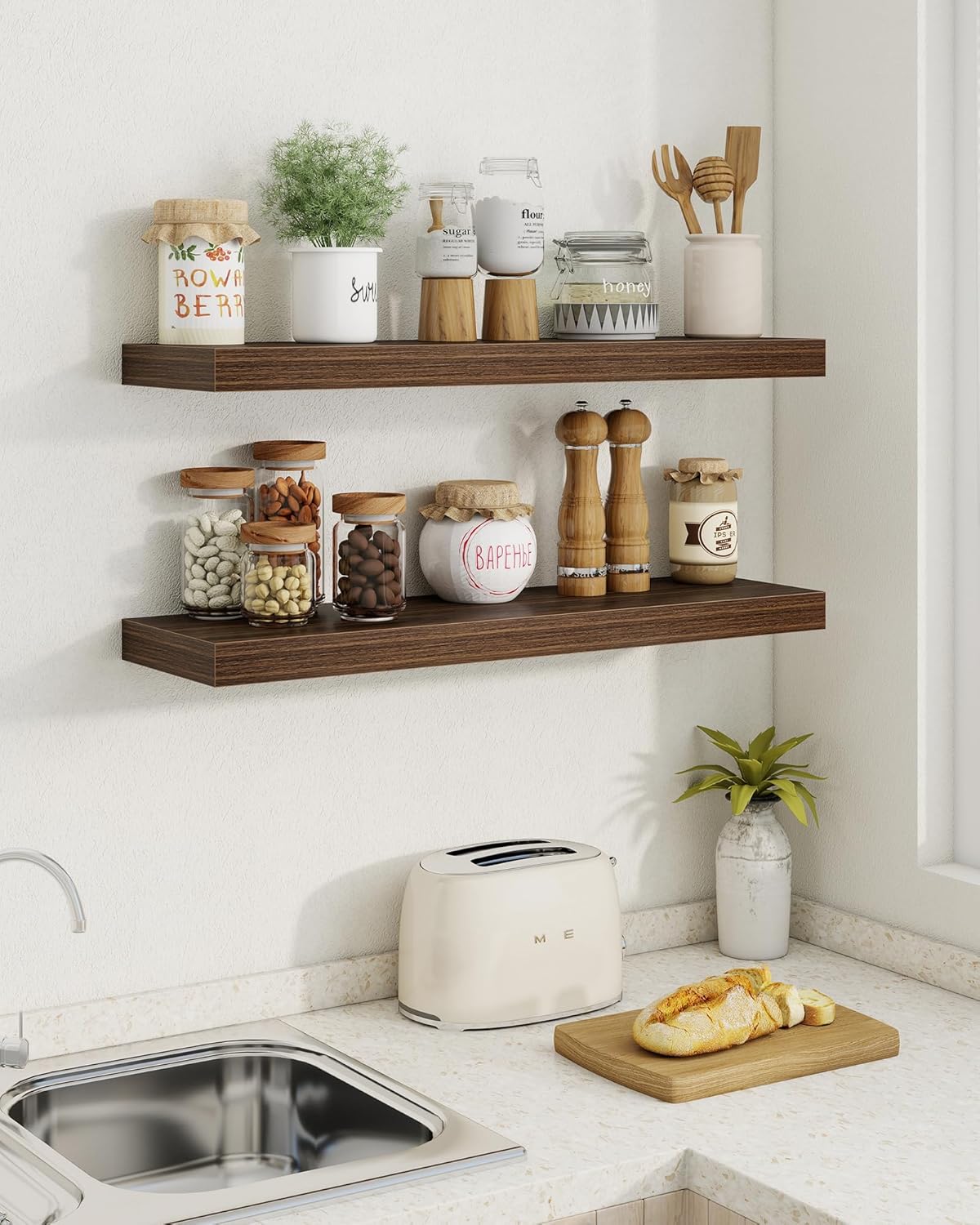 Marsmiles 39" Floating Shelves for Wall, Wooden Shelves with Invisible Brackets Set of 2, Rustic Farmhouse Wall Mounted Shelf for Kitchen Bathroom Living Room Study, Walnut