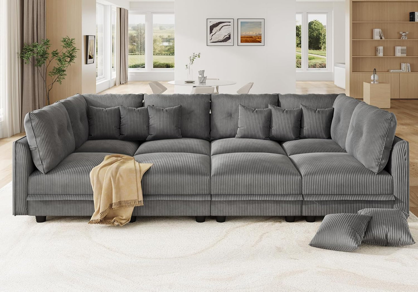 LLappuil Modular Sectional Sofa with Storage Seats, Corduroy Convertible Modular U Shaped Sectional Couch for Living Room, 8 Seat Oversized Sofa with 8 Back Cushion 8 Throw Pillow, Grey