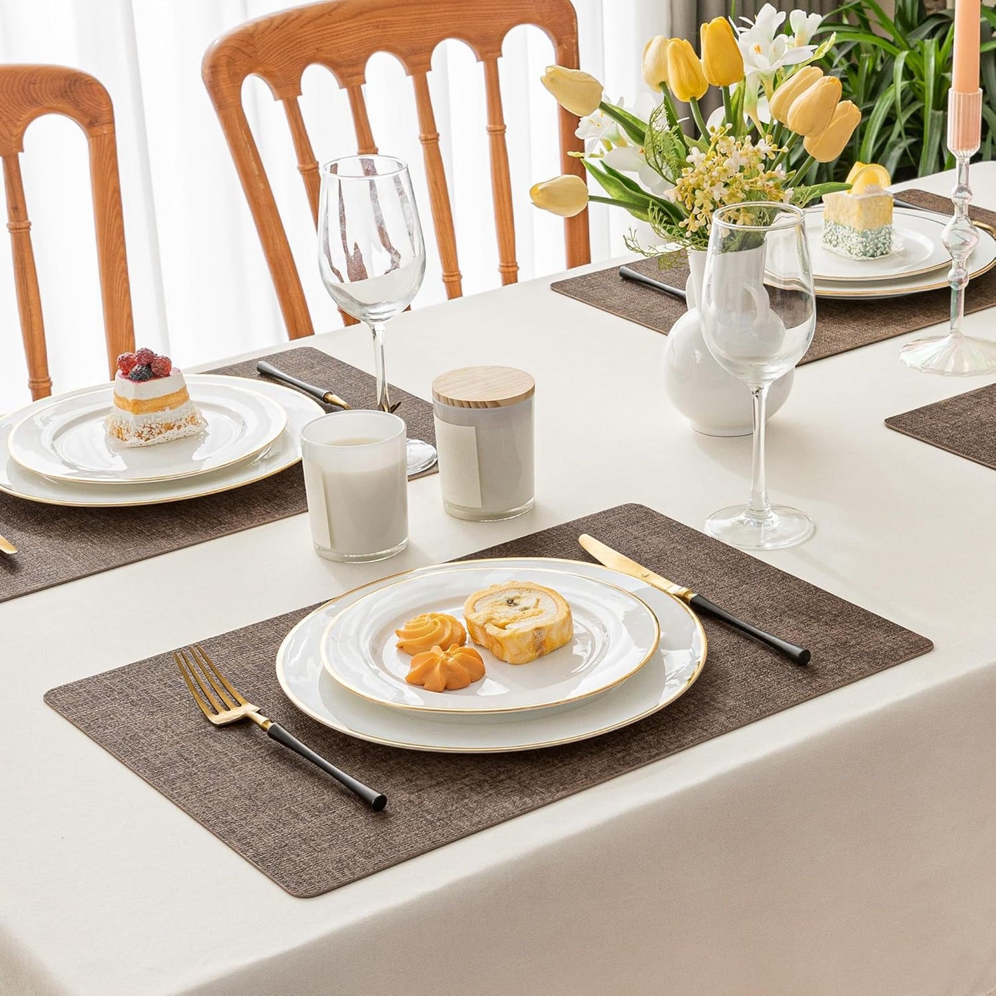 Romanstile Vinyl Placemats Set of 4-12 X 18 Inch - Heat Resistant Place Mats 100% Waterproof Oilproof Wipeable Reversible Faux Leather Table Mats for Kitchen/Dining/Party/Outdoor, Brown