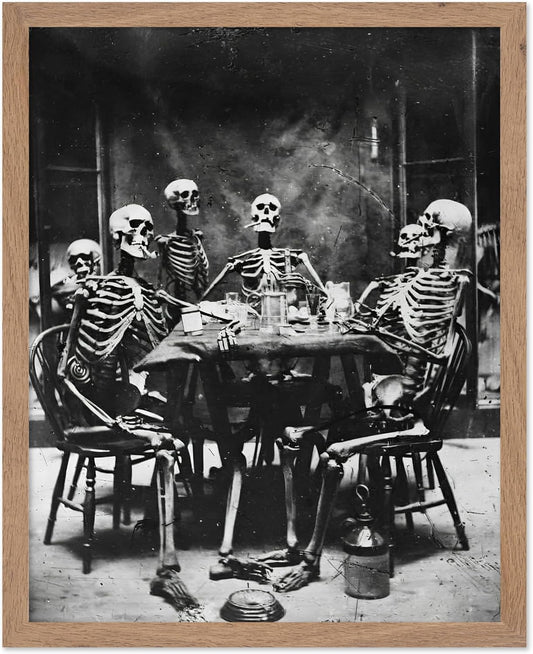 Poster Master Vintage Photograph Poster - Retro Daguerreotype Print - Gift for Artist, Friend - Skeletons Smoking at Table, Dinner Party, Goth - Wall Decor for Home, Dorm, 16x20 Beige Framed