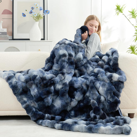 Cozy Bliss Faux Fur Throw Blanket for Couch, Fuzzy Soft Plush Thick Bubble Blanket for Sofa Bedroom Living Room, 60 * 80 Inches Tie-dye Blue