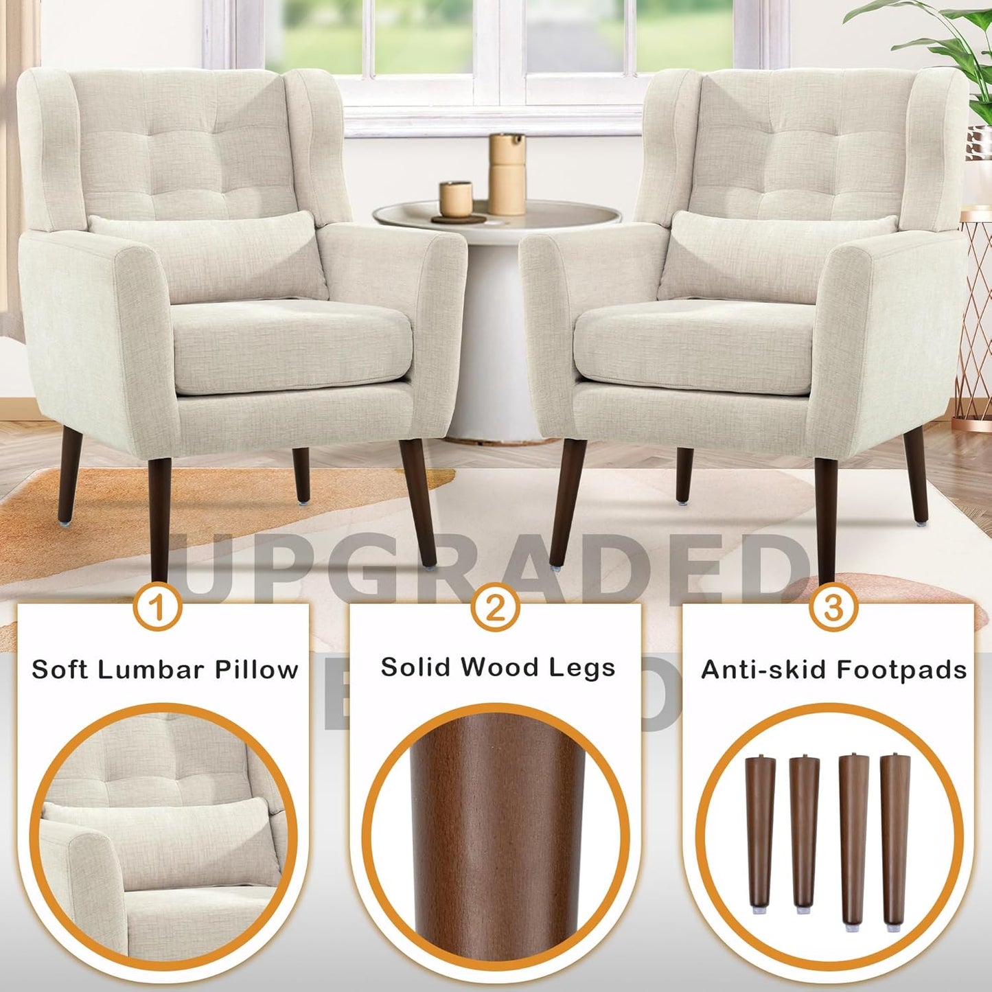 Modern Accent Chair, Upholstered Armchair with Pillow, Fabric Single Sofa Chair with Lounge Seat and Wood Legs Accent Chair for Living Room Bedroom Small Spaces (Beige, Set of 1)