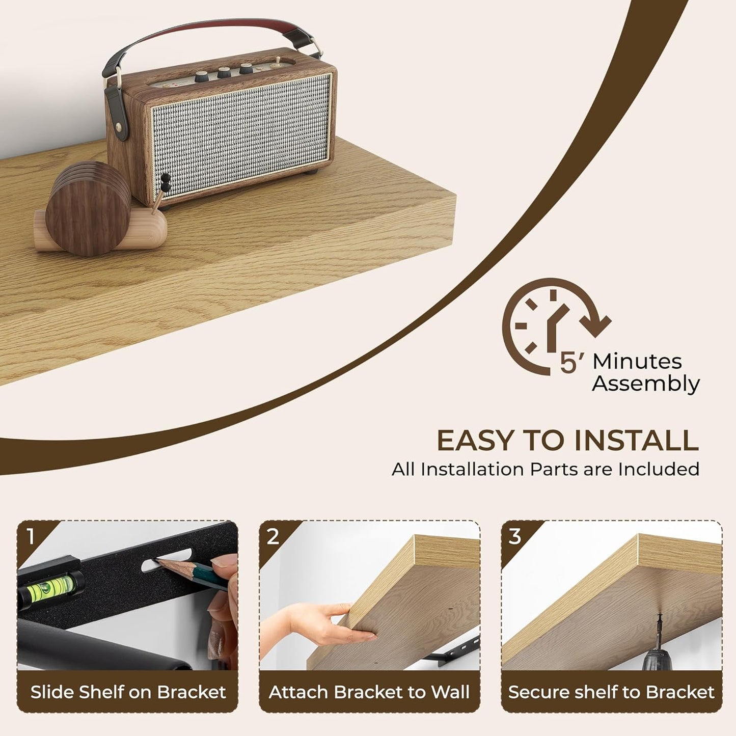 RICHFOCUS 40Inch Floating Shelves for Wall 2 Pack Shelves for Bedroom|Kitchen|Bathroom Wall Mounted Rustic Wood Floating Shelf with Invisible Brackets for Books|Storage|Decor, Oak