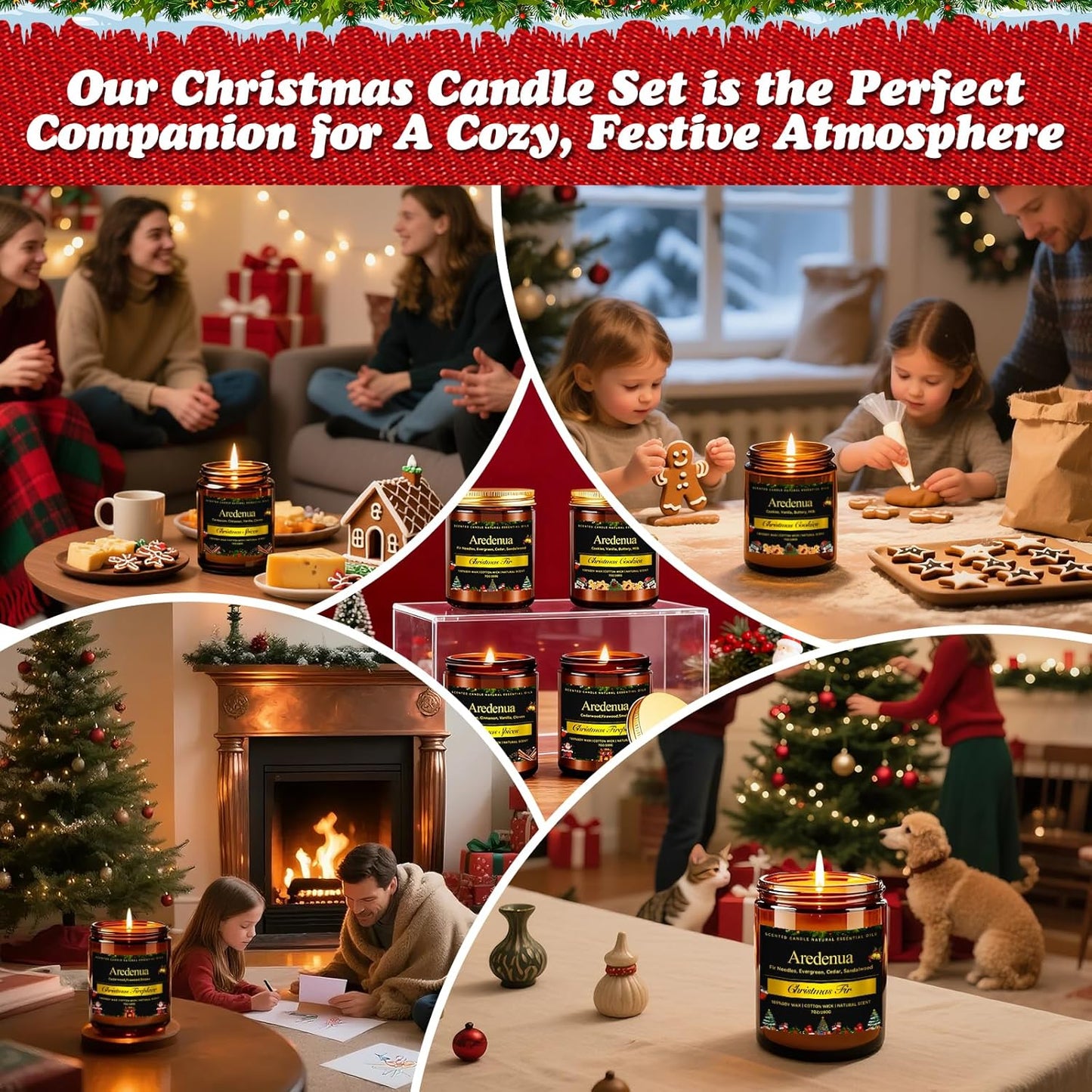 Christmas Candles Set | 4 Pack Winter Holiday Scented Candles, Soy Candles for Home Scented - Xmas Candle Gifts for Women and Men - Scents of Christmas Fir/Spices/Cookies/Fireplace