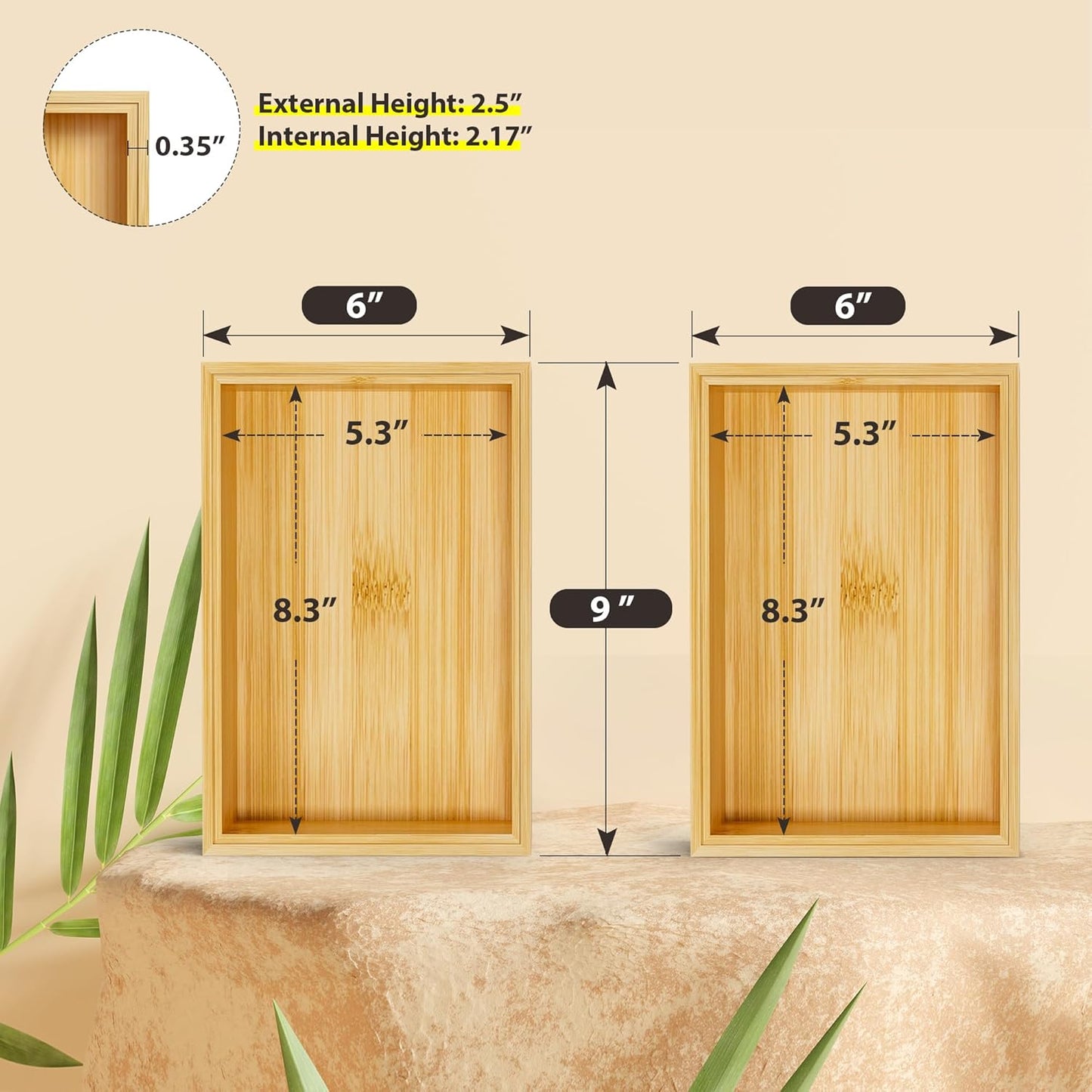 Kitchen Drawer Organizer Bins, Stackable Bamboo Drawer Organizer for Silverware, Flatware, Deep Office Desk Drawer Organizer Tray, Desktop Pen, Office Organization 9" x 6" x 2.5" (Set of 2)