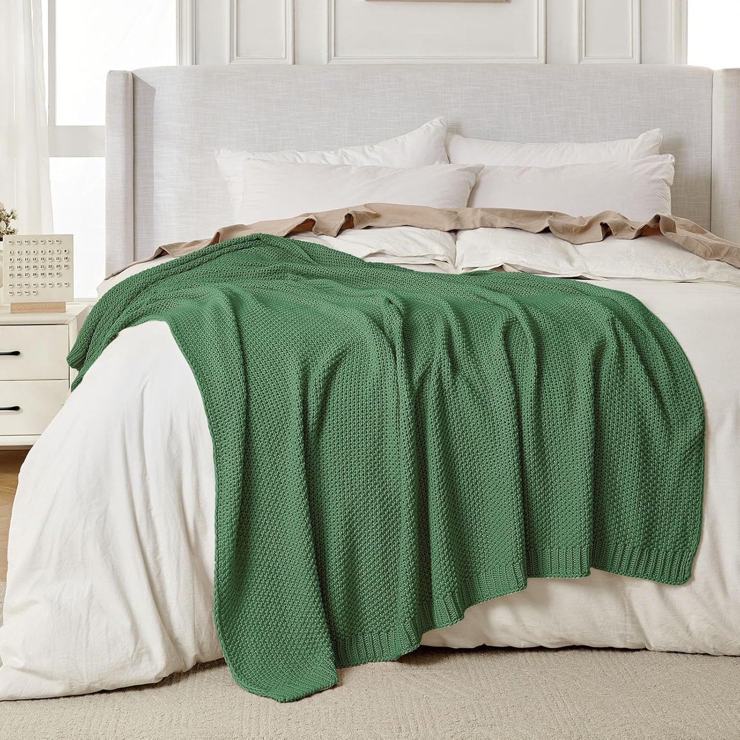 Joydeco Chunky Cable Knit Throw Blanket, Lightweight 100% Cotton Soft Cozy Throw Twin Blanket for Couch Bed and Sofa, Rustic Breathable Farmhouse Blanket Gift for Women Men(Olive Green, 51"x63")