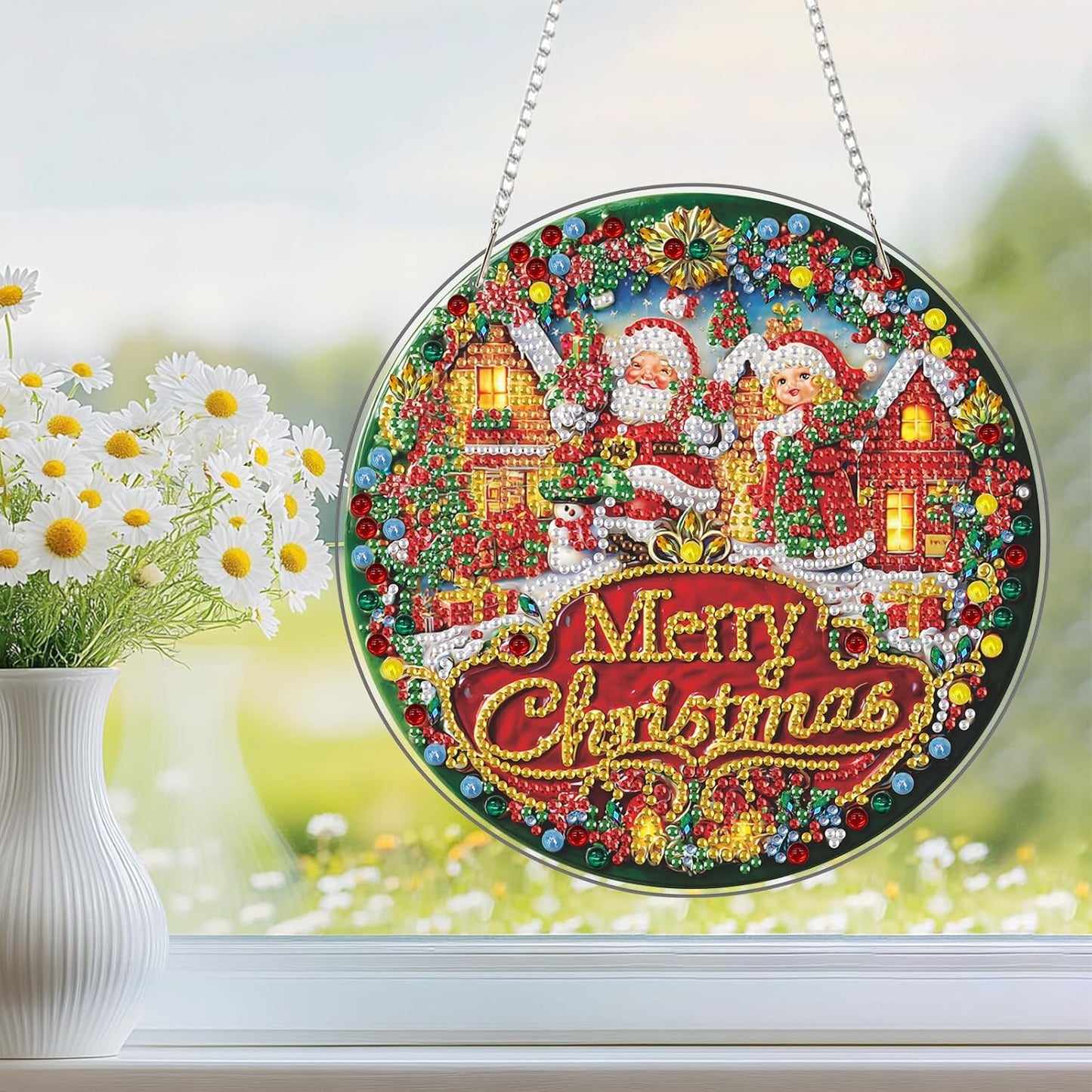 Diamond Art Hanging Kit for Adult, Merry Christmas, DIY Special Shaped Crystal Acrylic Diamond Art Painting Window Pendants, Santa Claus Sign, Diamond Painting Ornament for Home Garden Wall decor
