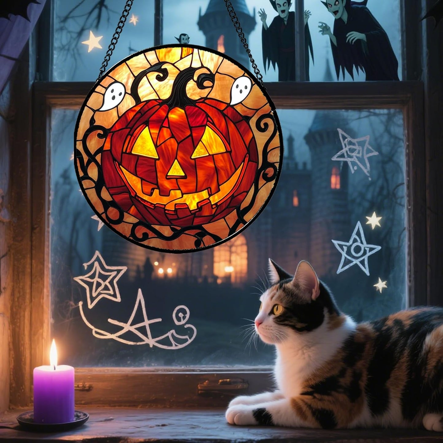 Stained Glass Window Hanging - Halloween Decorations Evil Pumpkin Orange Suncatcher for Doors Garden Indoor Funny Spooky Sun Catchers Gothic Decor Horror Gifts for Women Men Friend 9.8 in
