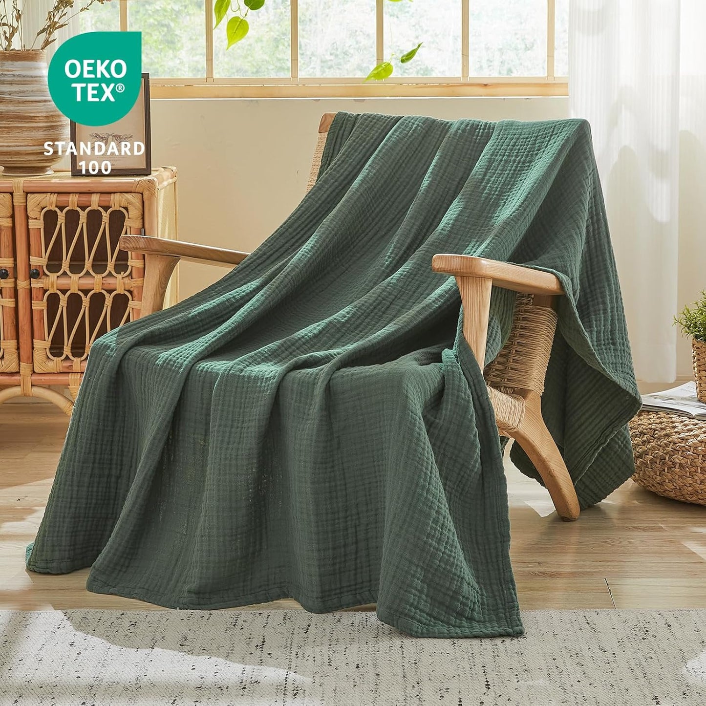 EMME Cotton Muslin Large Throw Blanket Couch Breathable Gauze Blanket Soft Lightweight Bed Blankets Adults (Forest Green, 50"x70")