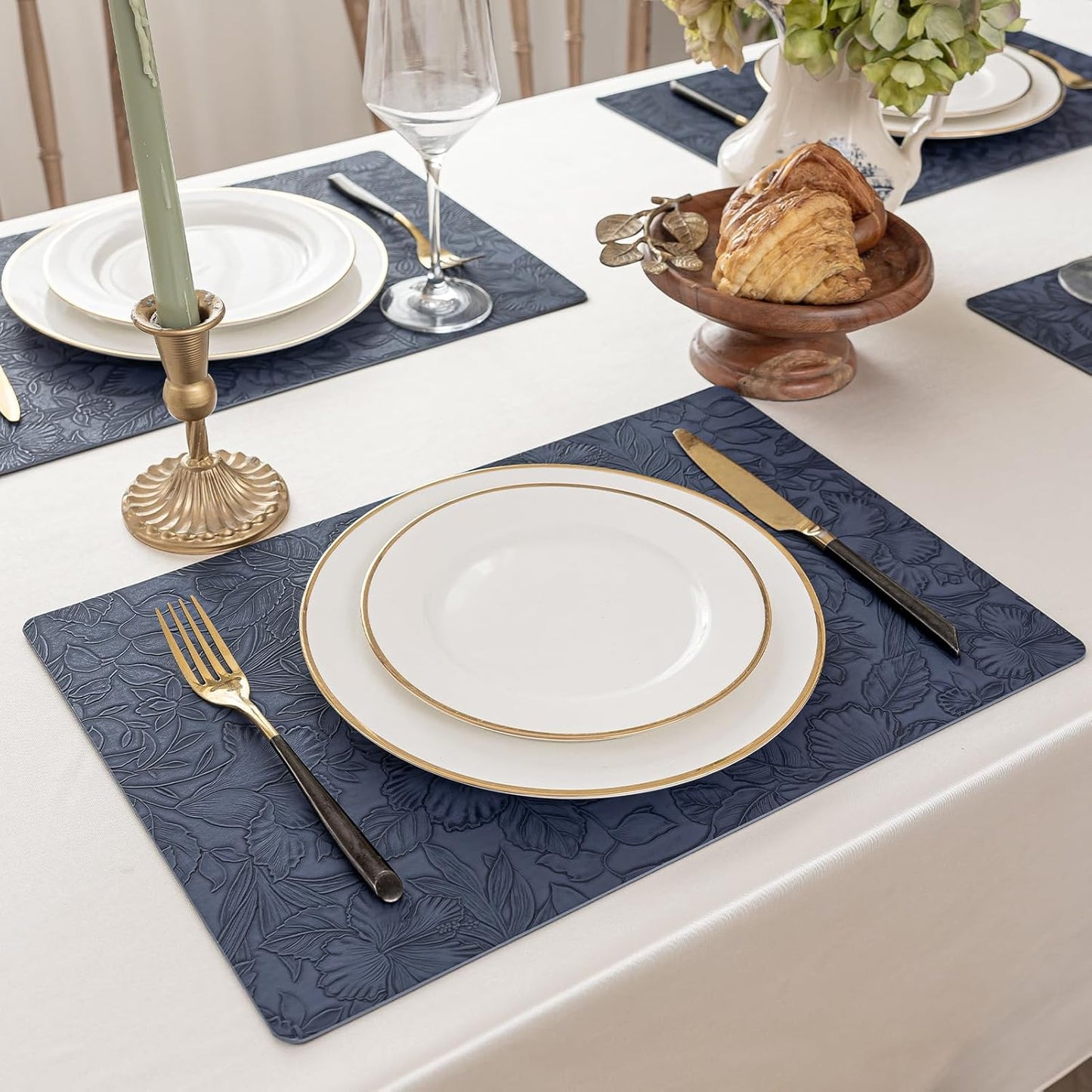 Romanstile Vinyl Placemats Set of 4-12 X 18 Inch - Heat Resistant Non-Slip Embossed Floral Place Mats 100% Waterproof Oilproof Wipeable Faux Leather Table Mats for Kitchen/Dining/Party, Navy Blue