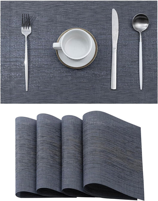 Leetaltree Denim Blue Placemats Set of 4 - Heat Resistant Non-Slip Place mats for Dining Table, Washable Durable PVC Vinyl Woven Table Mats（Denim Blue, 4）