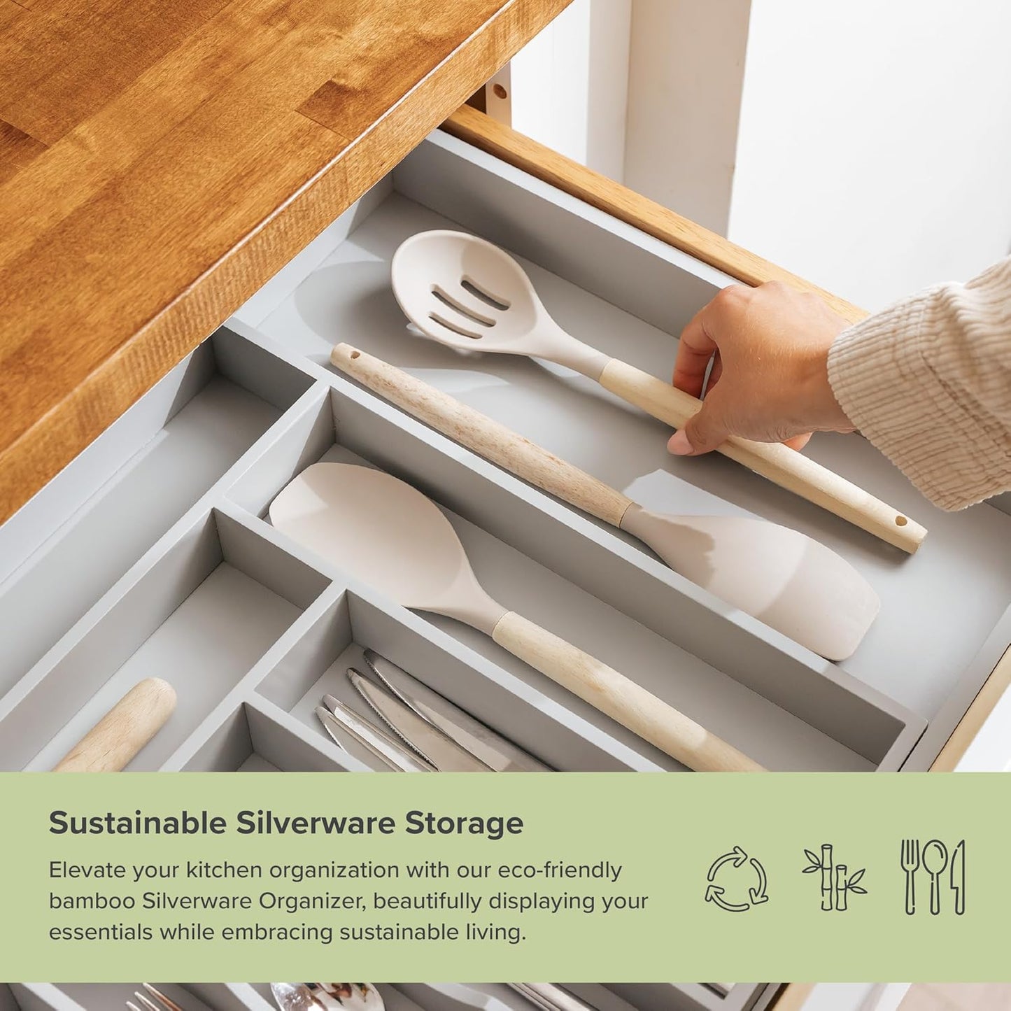 Premium Silverware, Flatware and Utensil Organizer for Kitchen Drawers, Food-Safe Contract Grade, Expandable from 18 to 33 In, Gray Bamboo