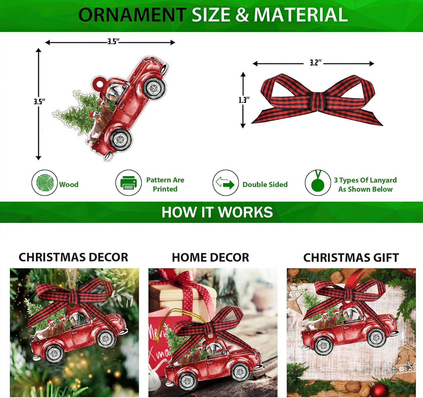 Talataca Goat Red Christmas Truck Pine Tree Farm Animal Lover 2D Flat Christmas Tree Wood Ornament Decor Wooden Hanging Decoration House Present Xmas Eve Keepsake Decorative