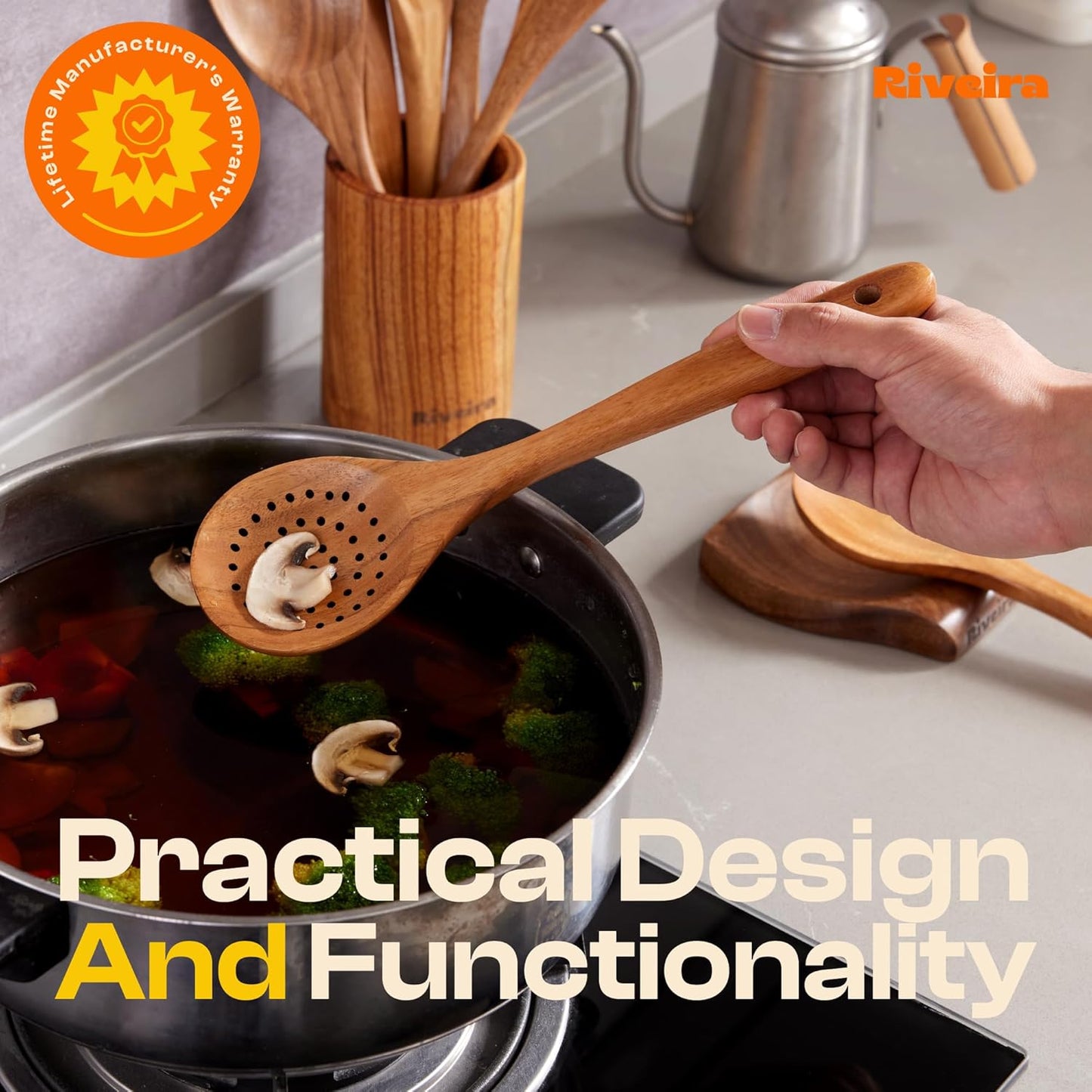 Riveira 9 Pieces Teak Wooden Spoons For Cooking – Premium & Durable Organic Teak Wooden Cooking Utensils – Non Stick Wooden Spatula For Cooking – Non Toxic Utensil Set With Holder & Spoon Rest