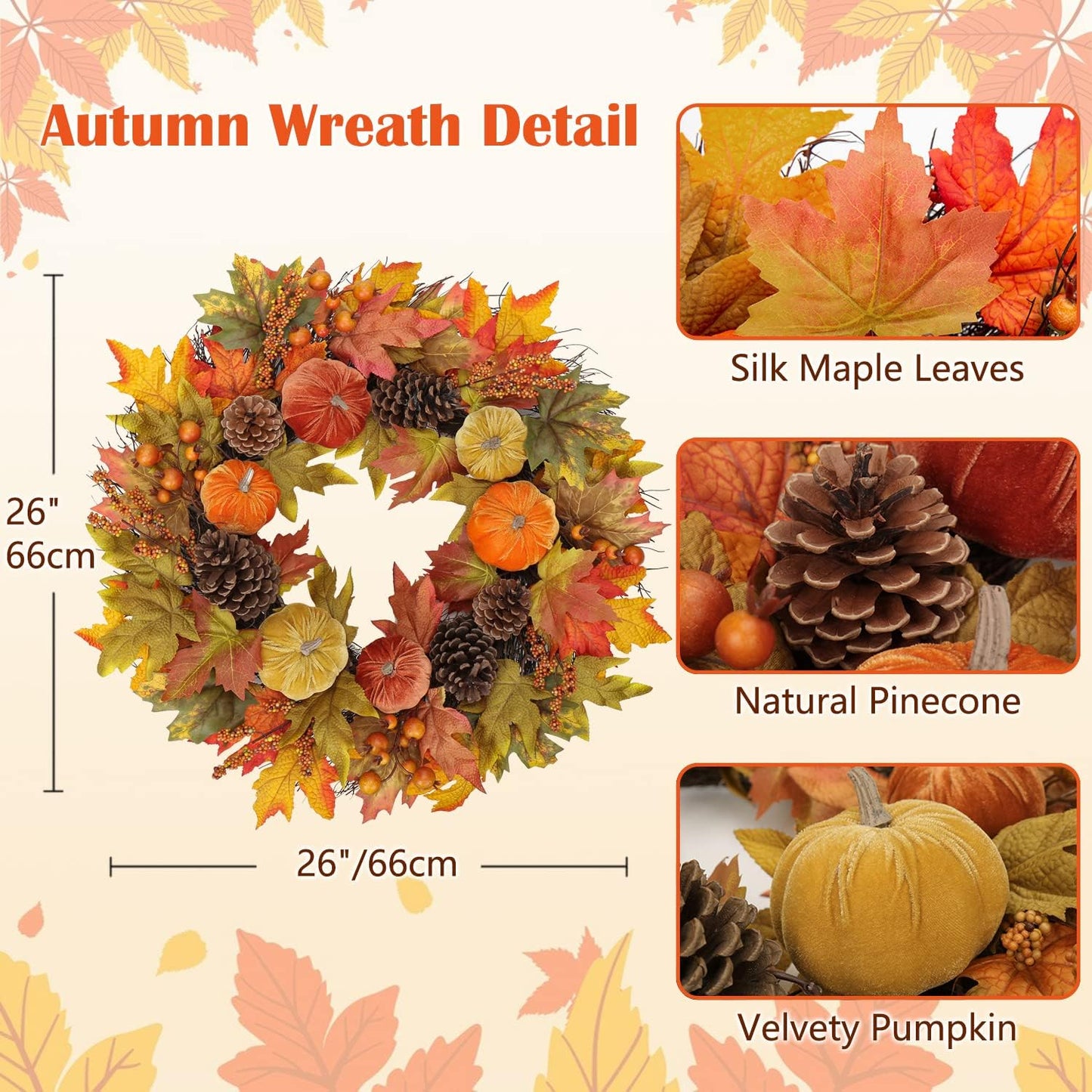 Fall Wreaths for Front Door 26'' Autumn Velvet Pumpkin Wreath with Metal Hook Large Harvest Maple Wreath Fall Decoration for Home Halloween Thanksgiving Decoration, Briful
