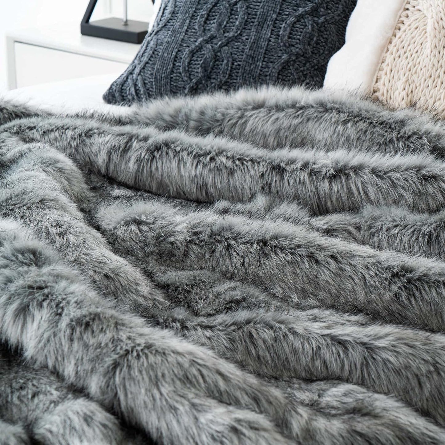 BATTILO HOME Silver Grey Faux Fur Throw Blanket for Couch, Bed, Fake Fur Blankets & Throws, Thick Warm Heavy Fluffy Fuzzy Elegant Furry Blanket Long Pile with Black Tips, 50"x60"