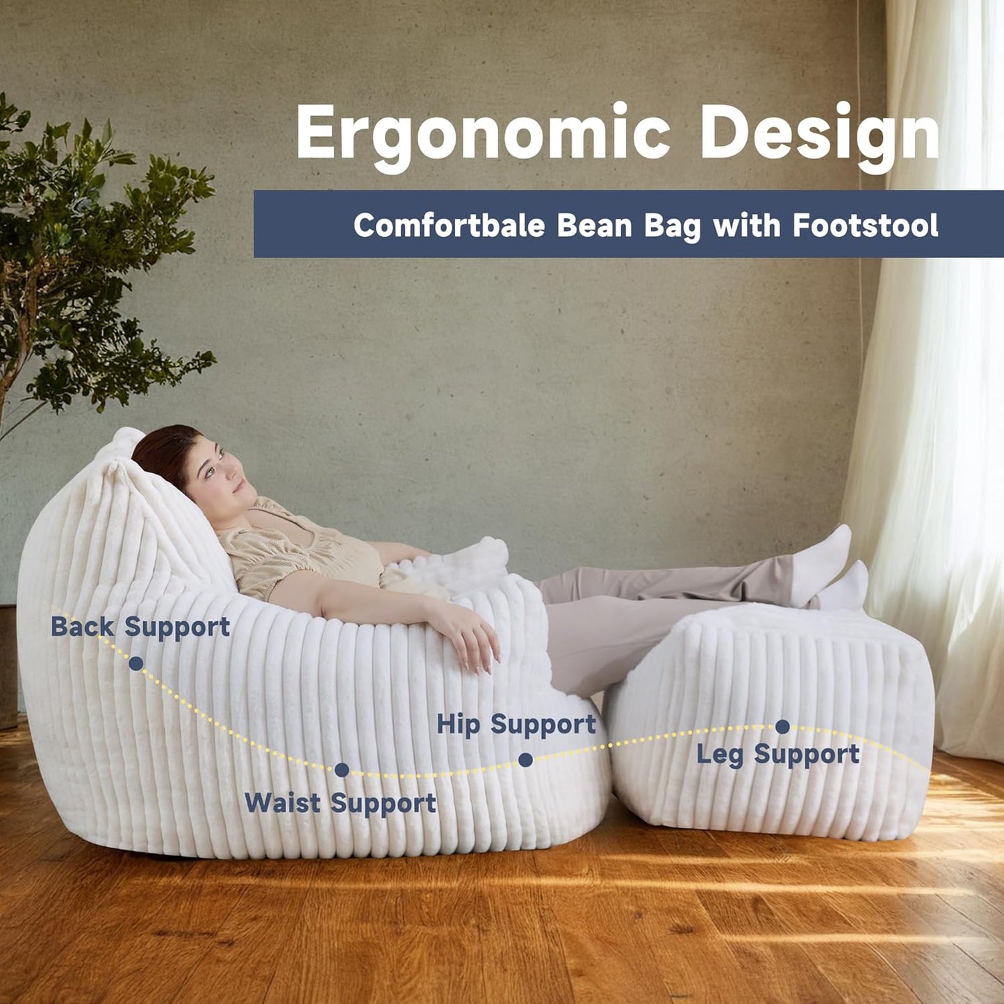 Giant Bean Bag Chairs for Adults, Oversized Chaise Lounge Chair Indoor with Memory Foam - Plush Boneless Lounger & Ottoman for Bedroom, Living Room, Gaming & Reading, Lazy Floor Sofa Chair, Beige