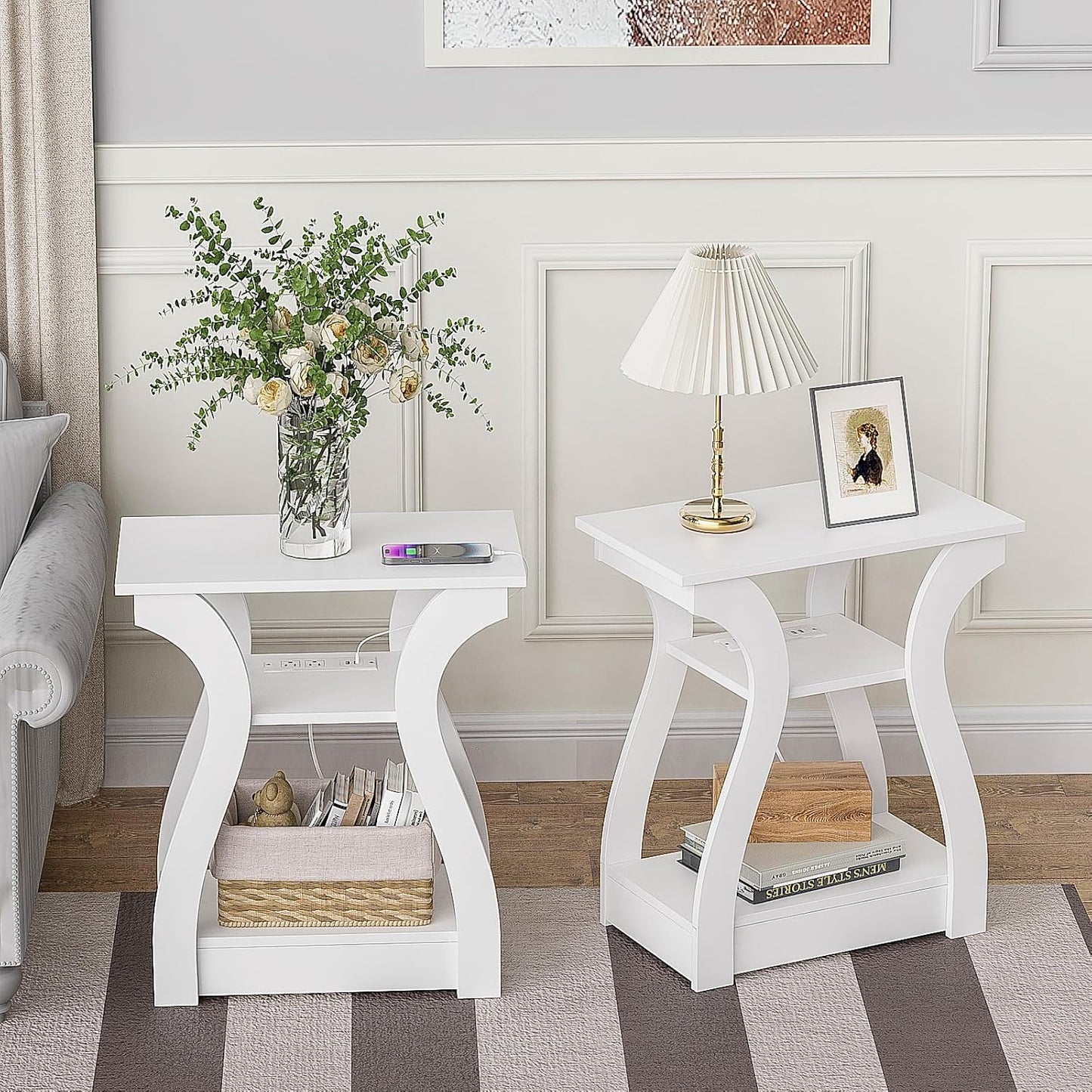 End Tables Living Room Set of 2,End White Table with Charging Station, Side Table, Nightstand for Bedroom, 3 Tier End Table with Storage Shelf for Living Room White