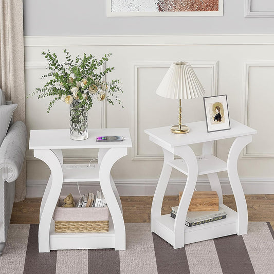 End Tables Living Room Set of 2,End White Table with Charging Station, Side Table, Nightstand for Bedroom, 3 Tier End Table with Storage Shelf for Living Room White