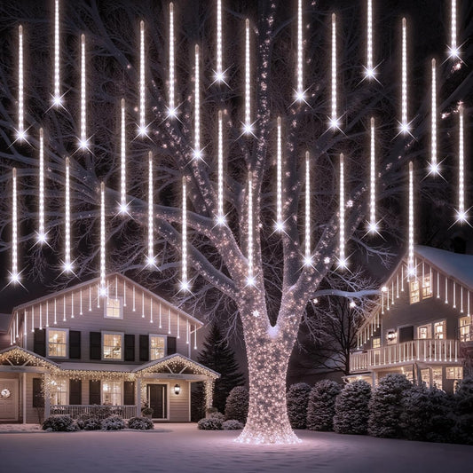 PEMOTech Christmas Lights Outdoor,[Timing Function] 24tubes 30cm 576 Led Meteor Shower Lights, Waterproof Christmas Decorations Icicle Light for Christmas Trees Halloween Party, Ul Plug,Cool White