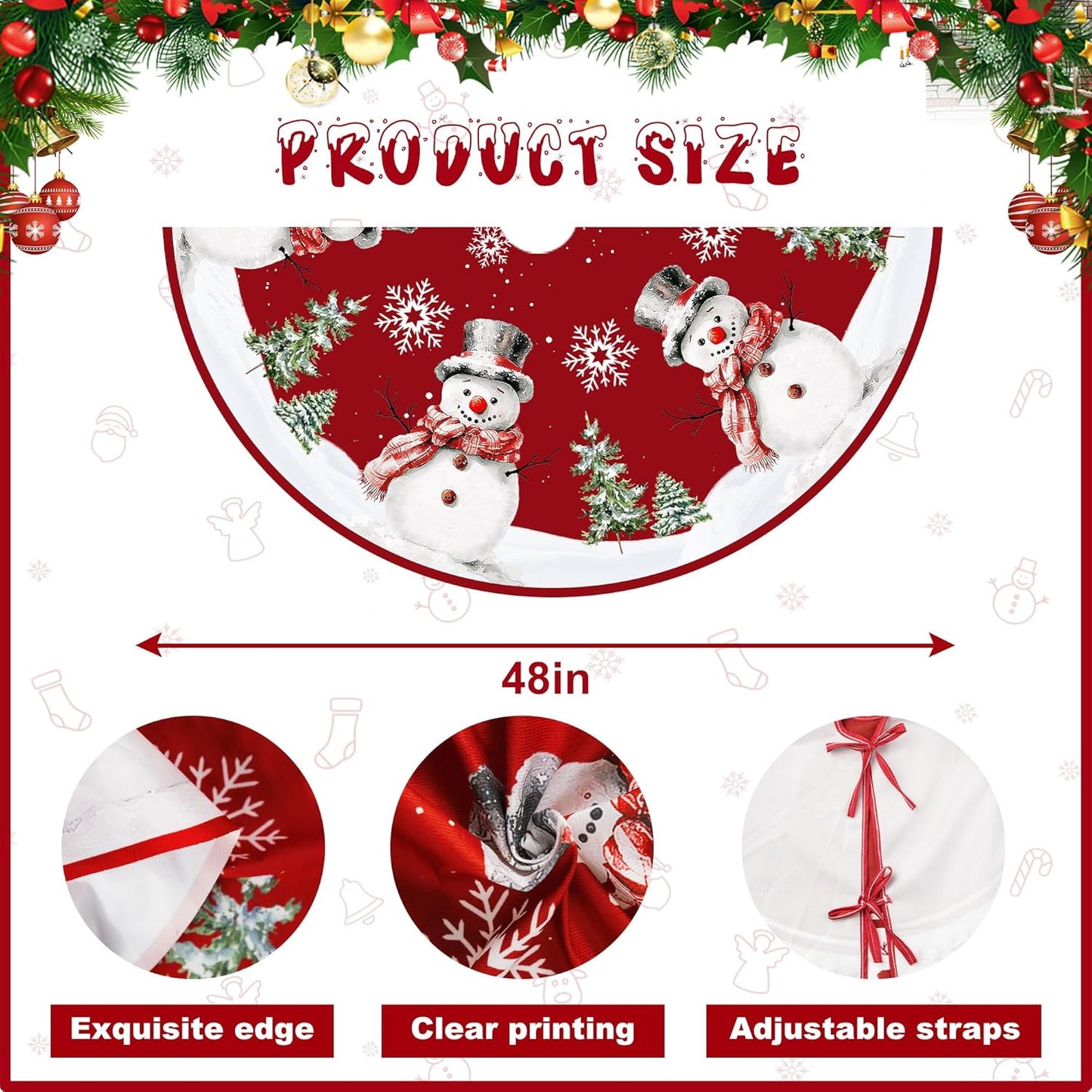 Christmas Tree Skirt 48 Inches Red Xmas Soft Cover Mat Decor Retro Xmas Tree Skirt for New Year Holiday Ornaments Indoor Outdoor Decorations (Snowman Pattern)