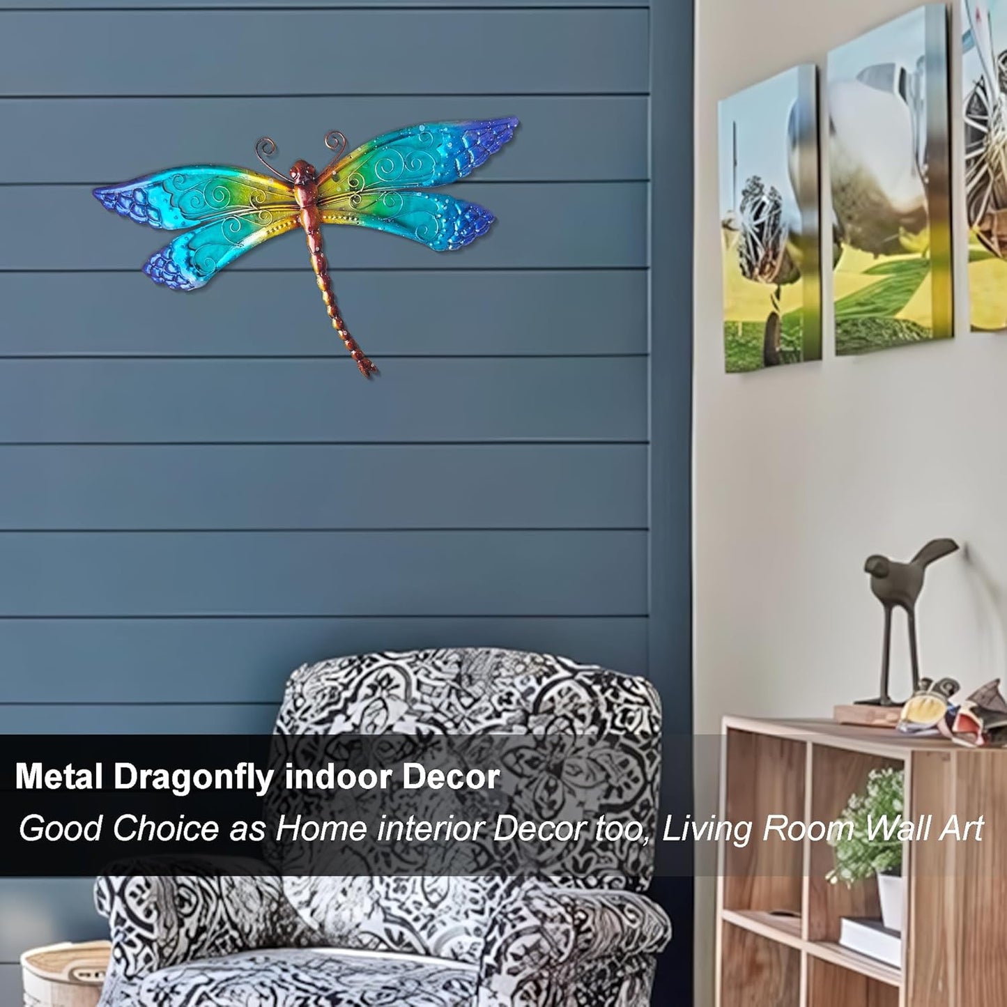 POXOHO Handmade Metal and Glass Dragonfly Wall Decor - Outdoor Garden Fence Art - 15 * 8.6 inches Rustic Scenic Wall Art for Patio, Bedroom, Bathroom Vivid Hanging Decoration