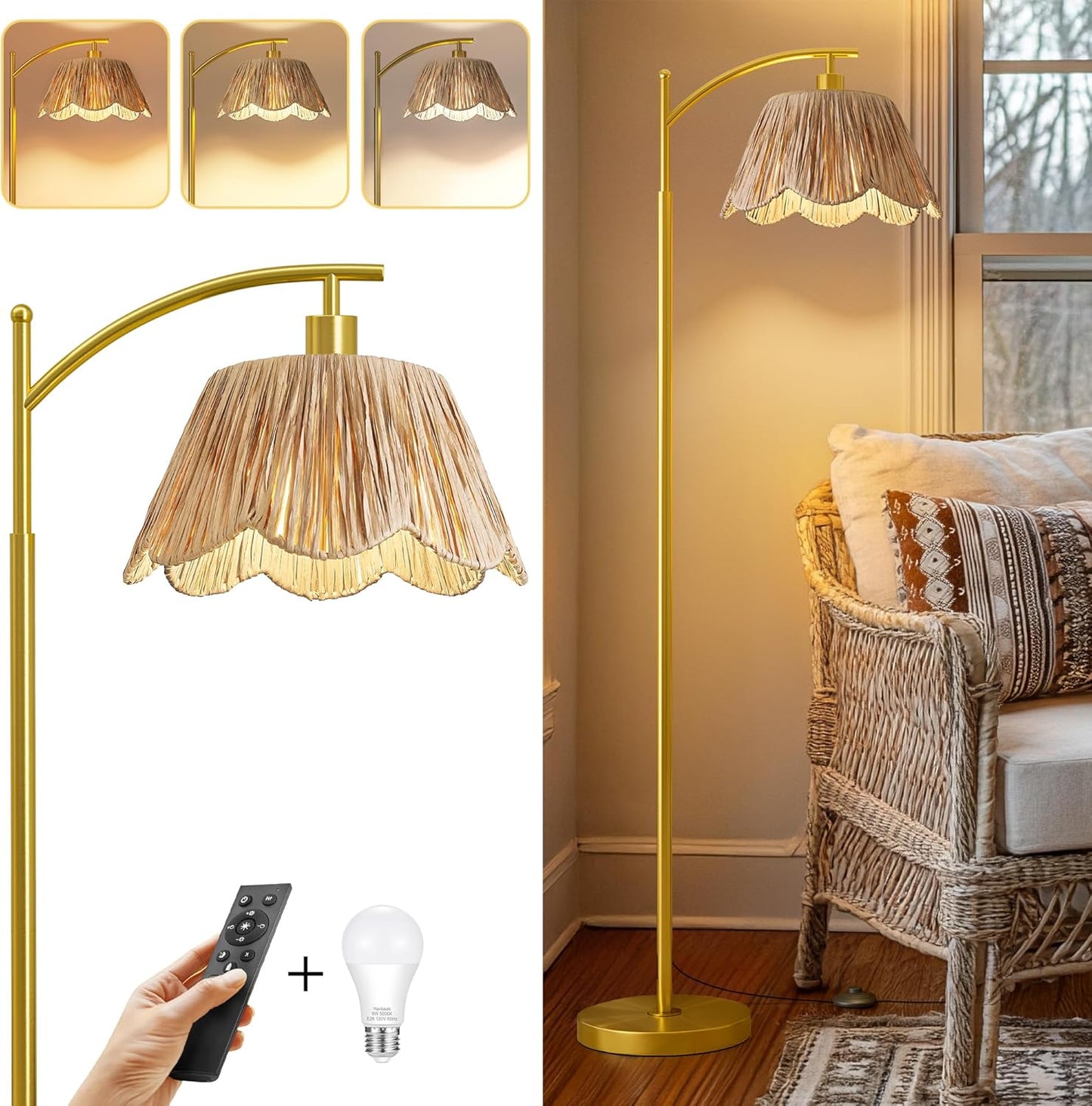 Oneach Boho Floor Lamp with 3 Color Temperatures, Farmhouse Floor Lamps for Living Room with Remote & Dimmable Bulb, Rattan Floor Lamp for Bedroom, Gold