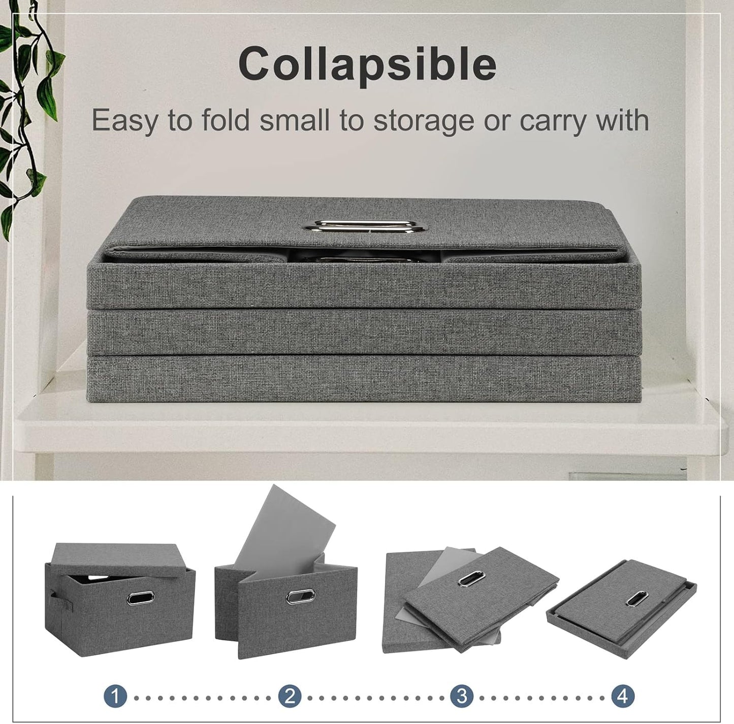 Medium 15" 21 Quart Collapsible Stackable Storage Bins with Lids, 3 Packs Grey Foldable Fabric Closet Boxes Heavy-duty Linen Cube Baskets Container for Bedroom Office (15 x 11 x 8)