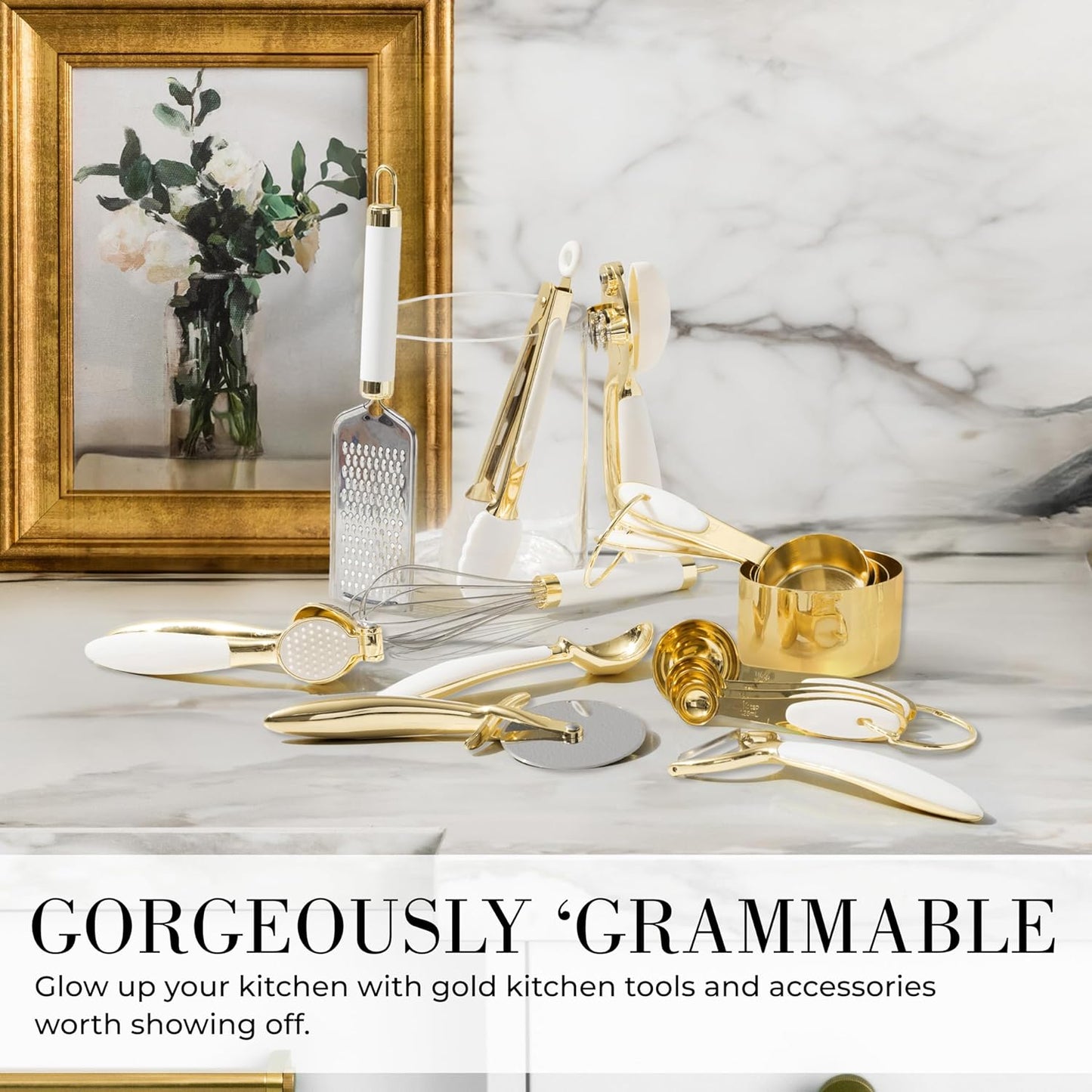 Styled Settings White and Gold Kitchen Utensils Set – 16-Piece Silicone Cooking Utensils with Measuring Cups and Spoons