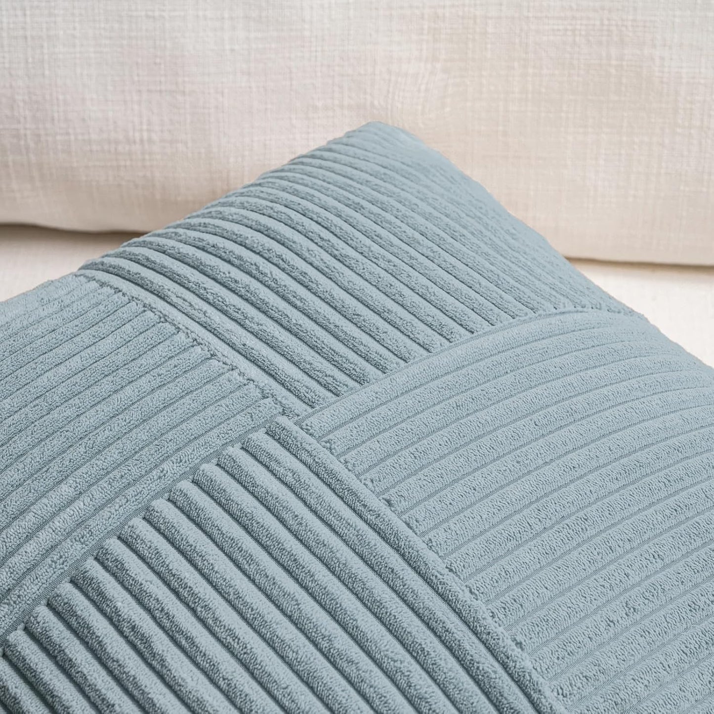 Fancy Homi Set of 2 Light Blue Samll Decorative Throw Pillow Covers 18x18 Inch with for Couch Bed Sofa Living Room, Soft Cross Patchwork Striped Corduroy Coastal Blue Square Cushion Case 45x45 cm