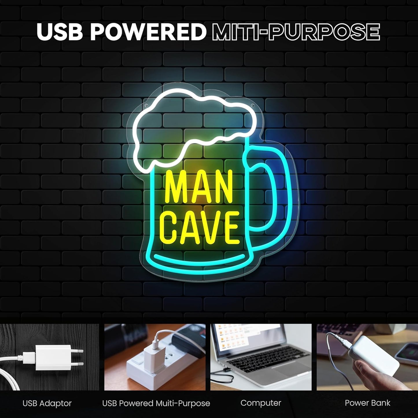 Man Cave Neon Sign, Beer Neon Signs for Wall Decor, Dimmable Acrylic Neon Lights for Man Cave Gamer Room Bedroom Bar Pub Party Decorations