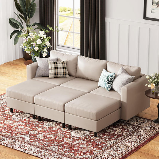 91.5" Luxury Modular Sleeper Sofa Bed with Storage Seat, 6 Seat Sectional Couch Deep Seat with Reversible Chaises & Removable Cover for Living Room - Faux Leather Whitesand